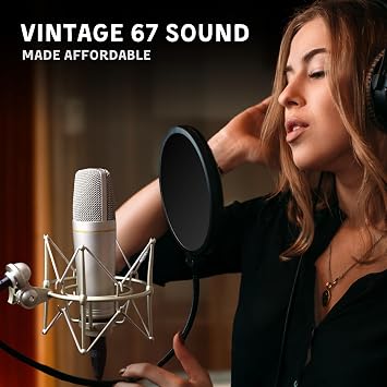 MA-67 Studio Condenser Microphone, 34mm Gold Large Diaphragm Capsule, Including Hydro Pop Filter, Metal Shock Mount, XLR Cable and Mic Bag - For Music Production, Vocal Recording and Podcasting