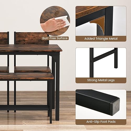 Miniatura 4 de Tangkula Juego de mesa de comedor para 4, mesa de cocina y 2 sillas para 4 con banco, juego de mesa de comedor de 4 piezas para espacios pequeños,