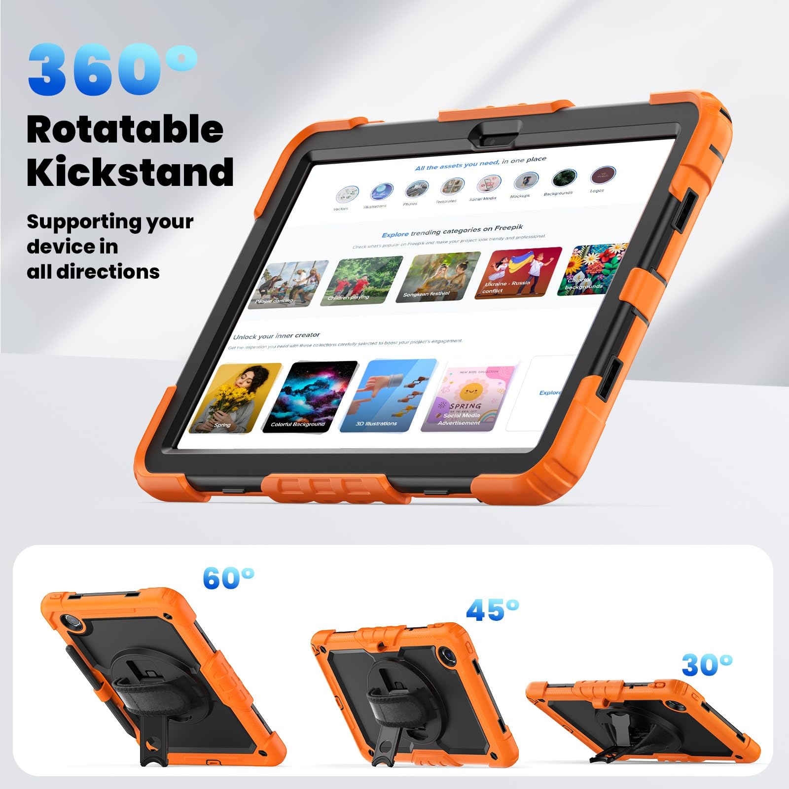 Kompatybilny z Lenovo Tab M11 TB-330FU/Lenovo Xiaoxin Pad 2024 TB-331FC Wytrzymała, odporna na wstrząsy obudowa TPU, osłona ochronna osłoną ekranu Obrotowa podpórka 380 + pasek rękę + ramię(Orange)