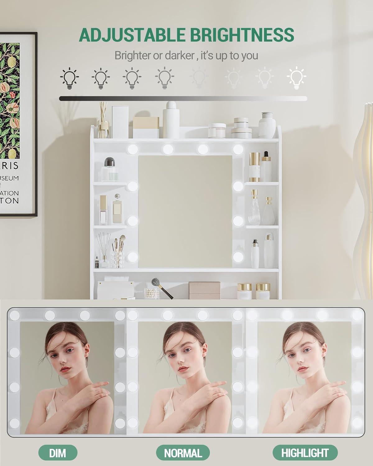 Vanity Desk with Mirror and Led Light, Adjustable Brightness, Dressing Table with Shelves and 2 Drawers, for Bedroom, 40 X 80 X 149 Cm, White DT08203XAU