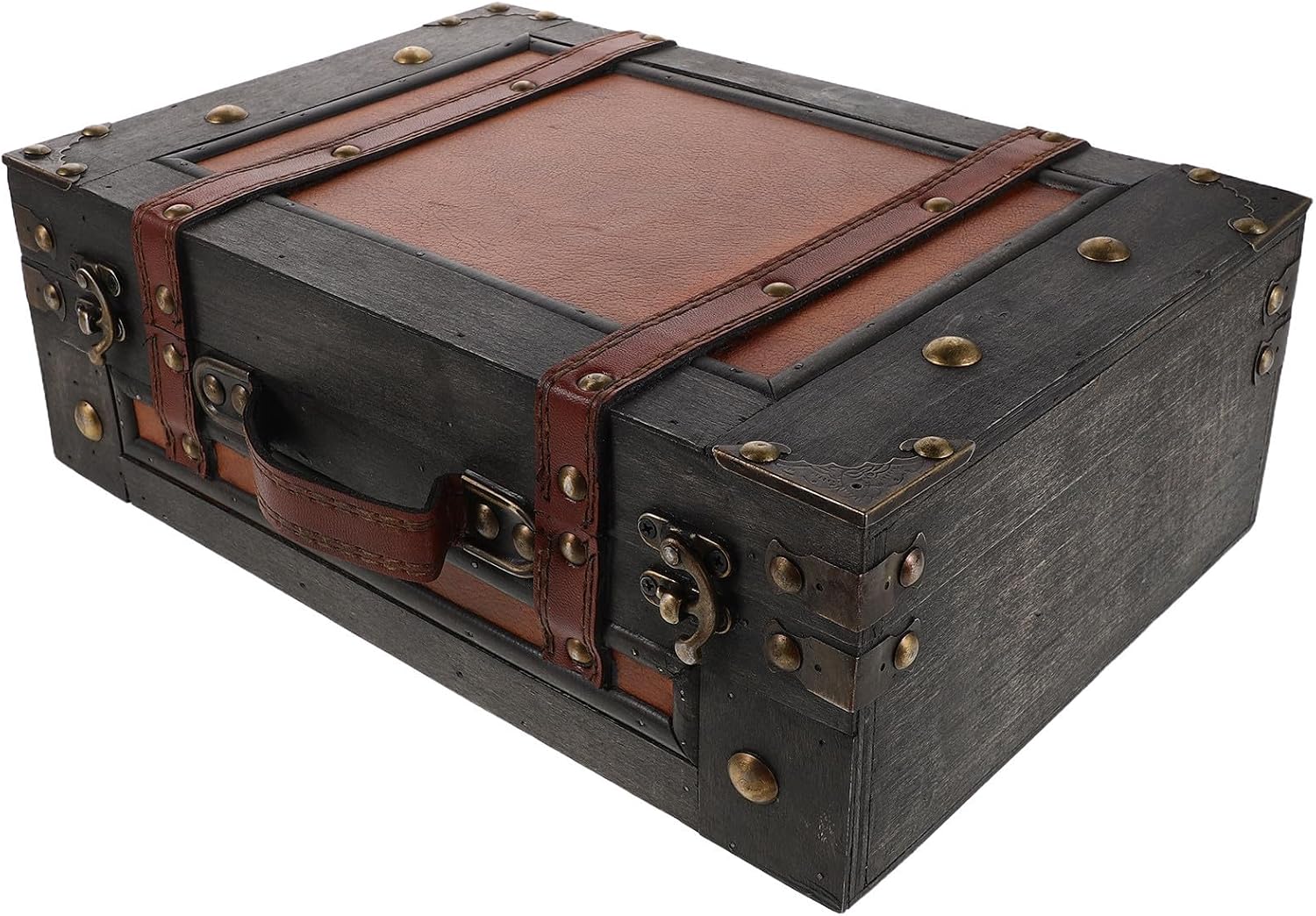 Vintage Wooden Treasure Chest with Handle and Hinged Lid, Large Capacity Decorative Storage Box for Keepsakes, Lightweight Antique Suitcase Style for Wedding Accessories and Party