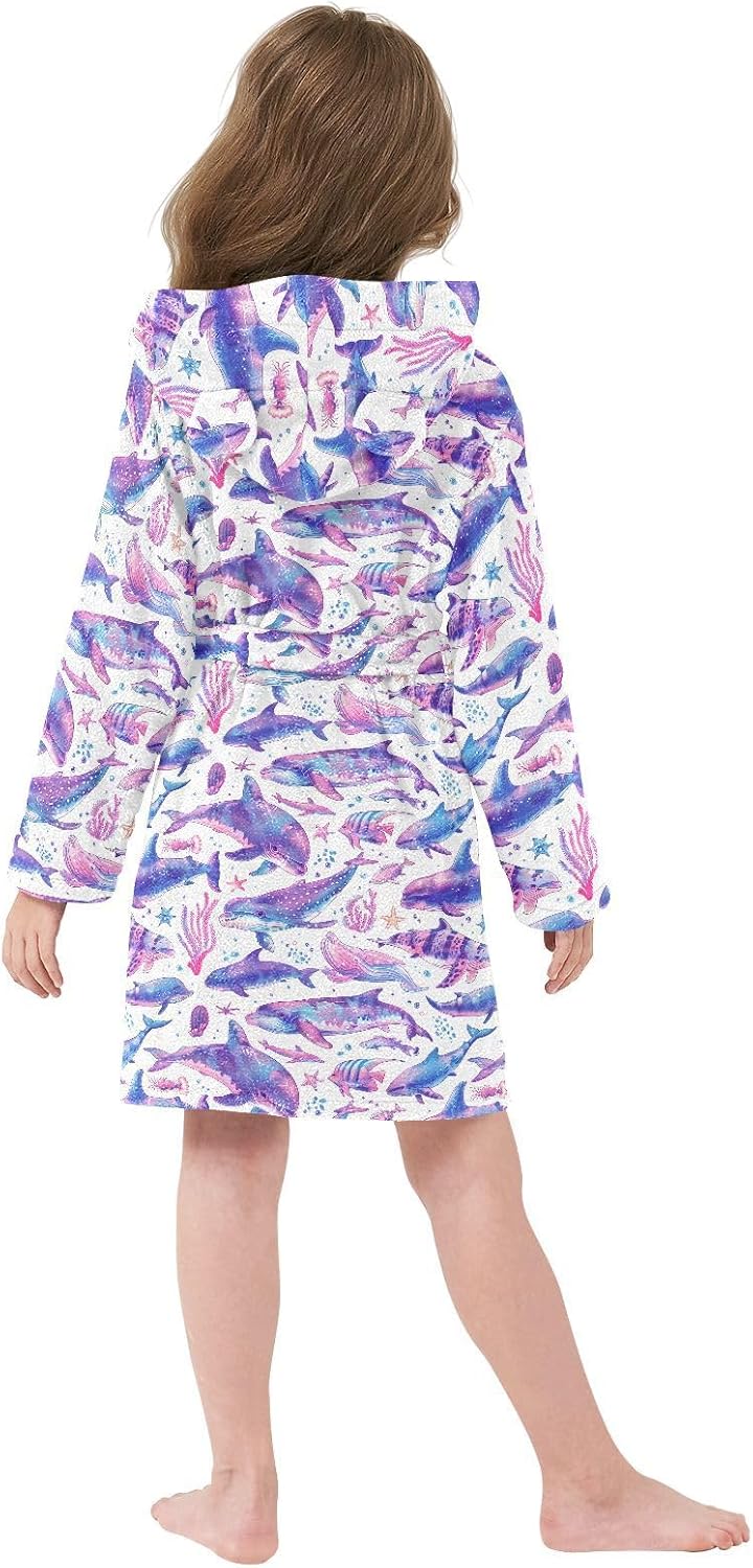 senya Purple Magic Marine Animals Toddler Hooded Bathrobe Kids Soft Plush Bath Towel Robes for Boys Girls 2-12 Years