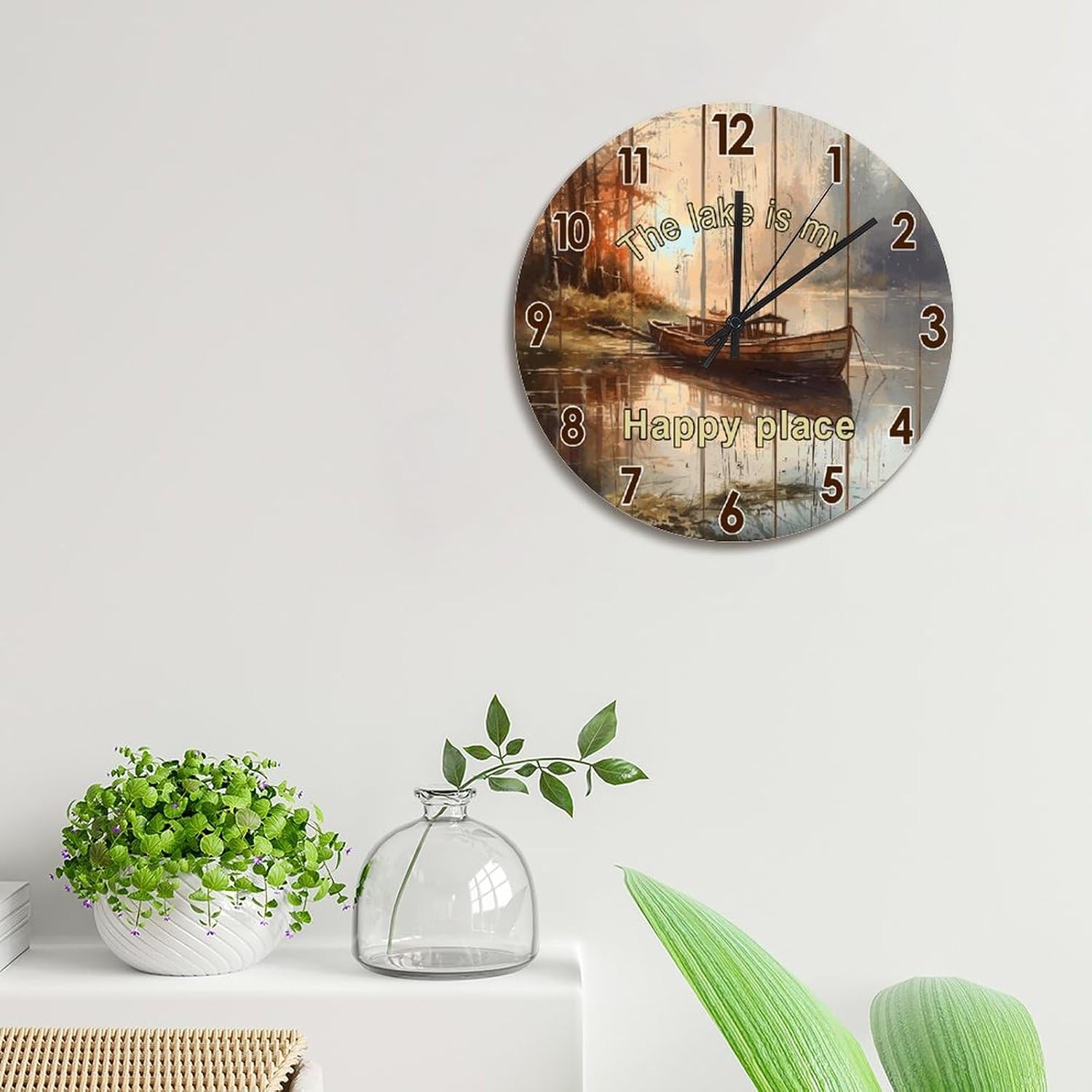 The Lake is Happy Place 15 Inch Wall Clocks Battery Operated Silent Non-Ticking Lake House Desk Clock Vintage Wall Farmhouse Home Decor for Kitchen Living Room Bedroom Office