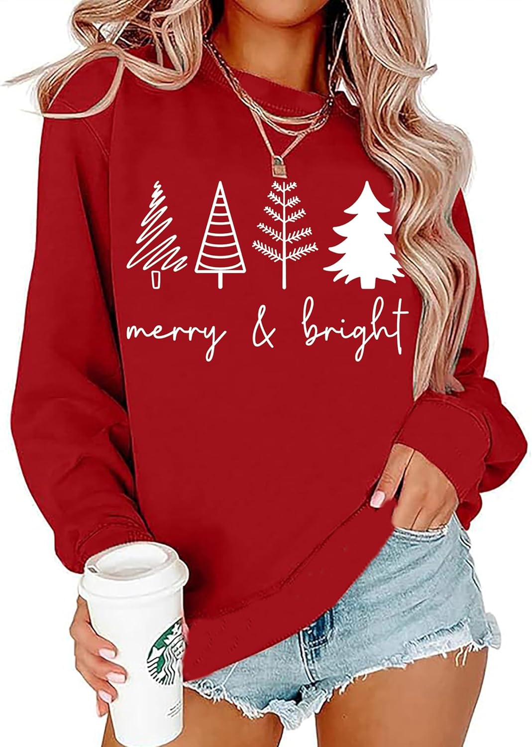 Christmas Trees Sweatshirt for Women Merry and Bright Christmas Shirts Xmas Holiday Party Long Sleeve Pullover Tops