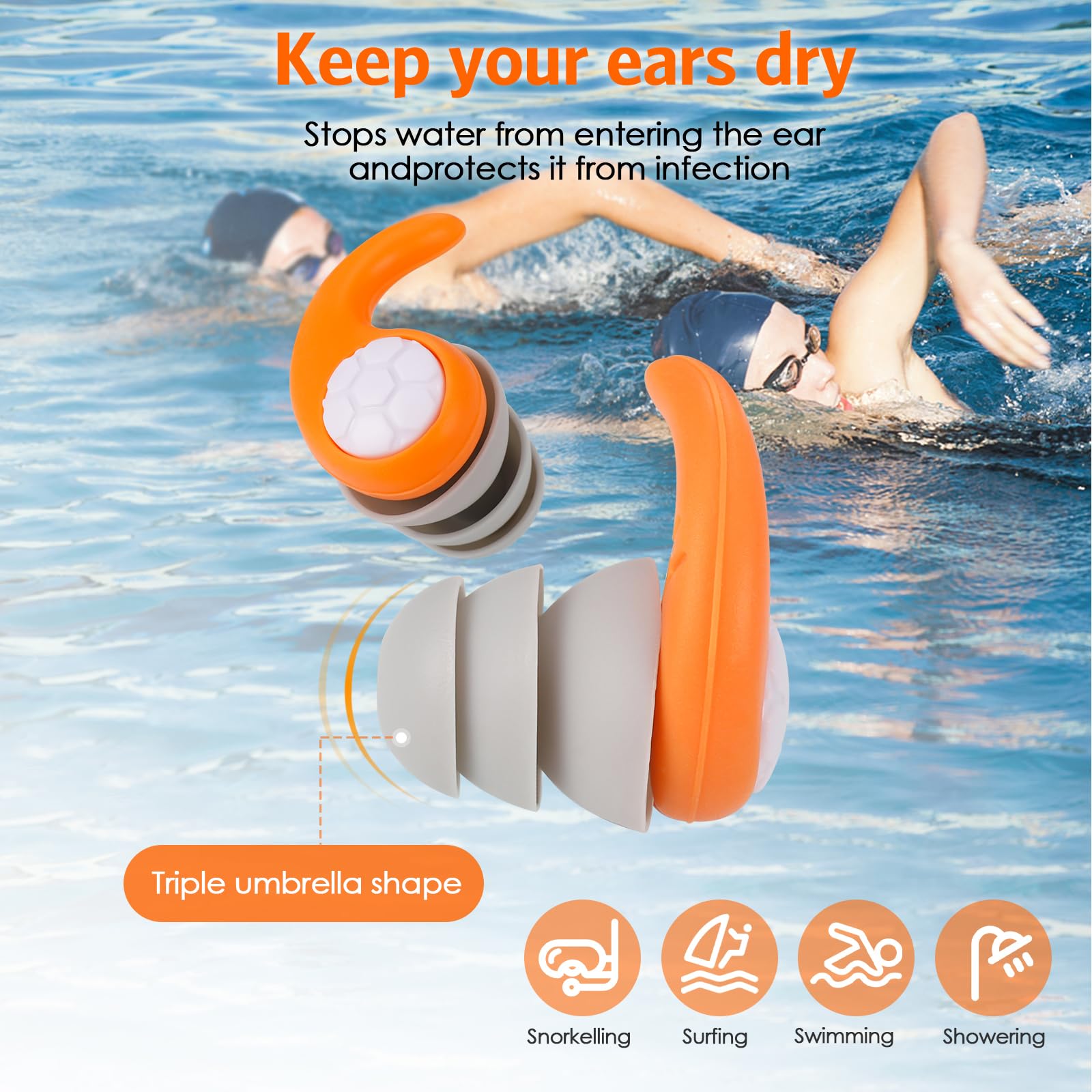 Zocipro 3 Paires Bouchons Oreille Natation - Silicone Doux - Étanche - Anti-bruit - Cyan/Orange/Gris - Boîte De Rangement