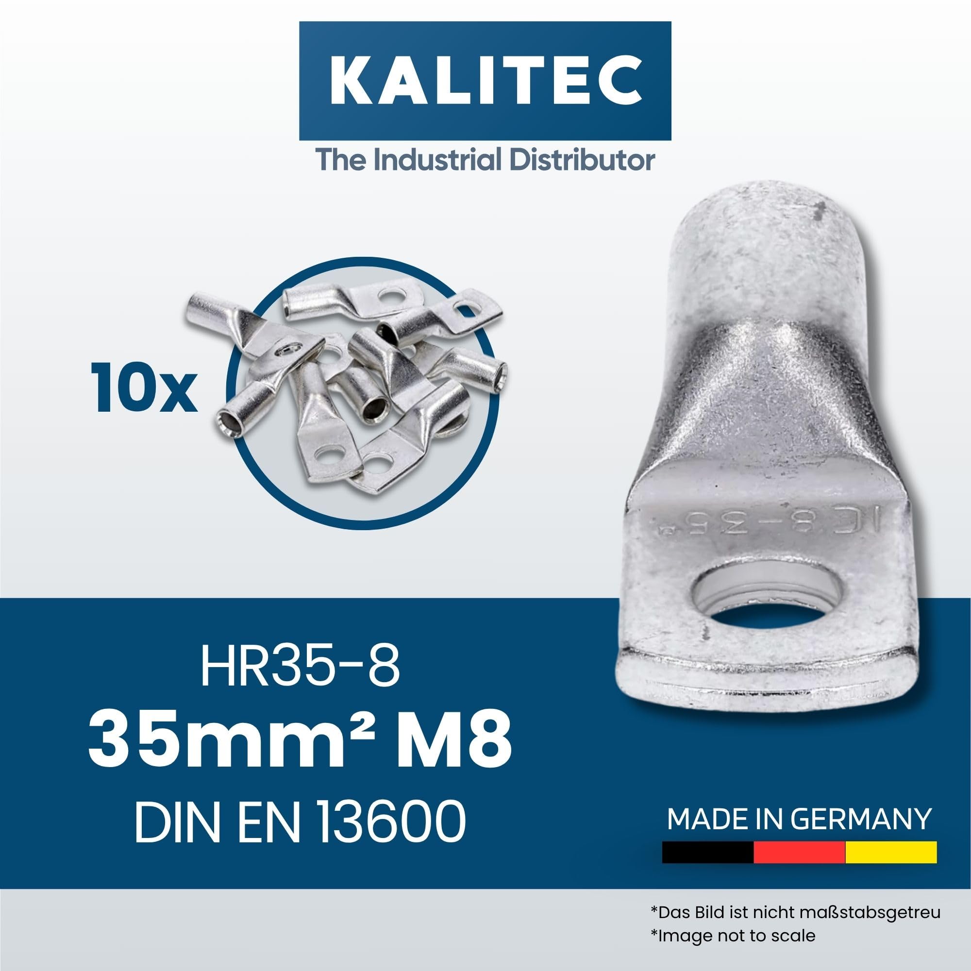 Kalitec 10x Cosses Tubulaires 35 mm² M8, Connecteur à Sertir en Cuivre | Standard DIN EN 13600, Finition Galvanisée Anti-Oxydation, Sertissage Sûr pour Solaire, Automobile et Installation Électrique
