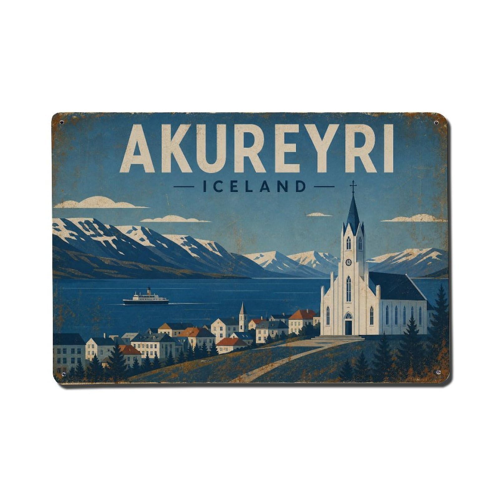 Vintage Travel Iceland Akureyri Metal Tin Sign