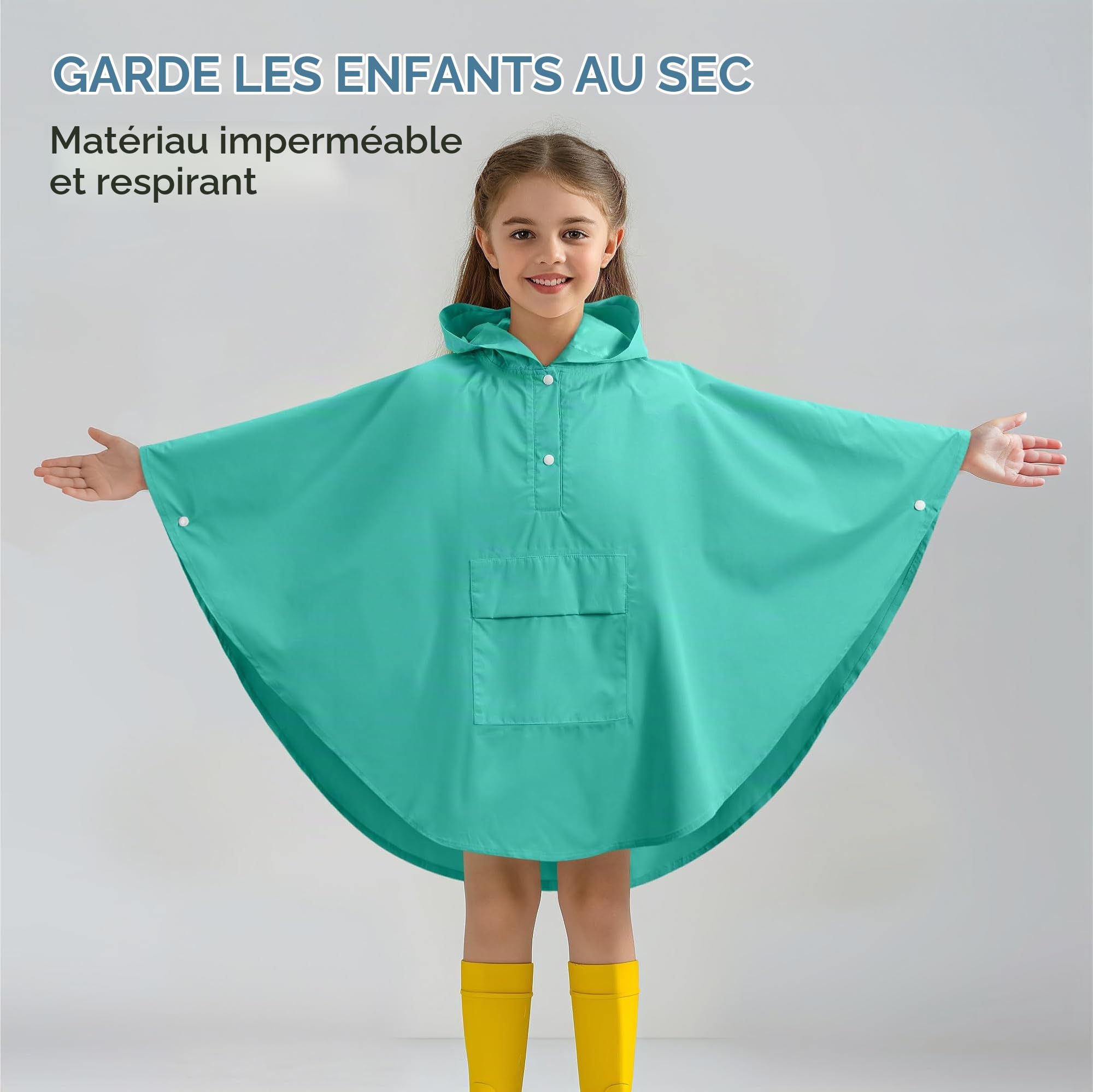 JEMIDI Cape de Pluie Enfant - Impermeable Enfant Taille S M L pour Fille Garcon de 3 à 15 ans - Poncho Pluie Imperméable Respirant avec Boutons Pression et Poche Avant