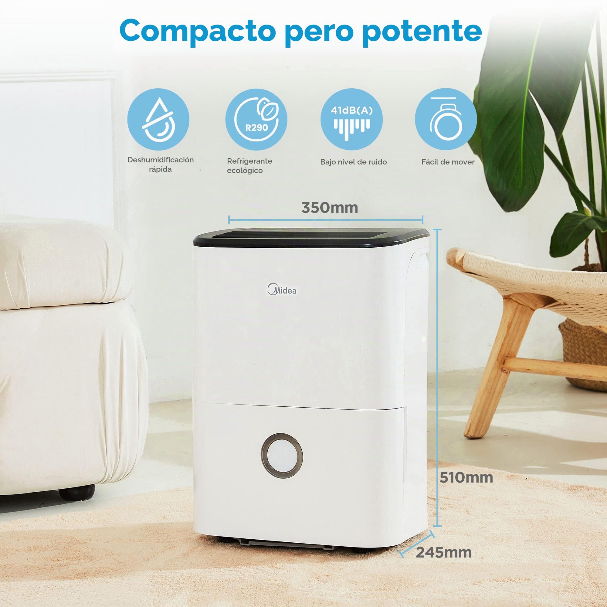 Midea DF-20DEN7-WF, Deshumidificador 20L/día, WiFi APP control, Deshumidificación Continua, Secadora Ropa, Modo inteligente Temporizador 24h, depósito 3 litros, Cobertura 40 m²/100 m³, R290