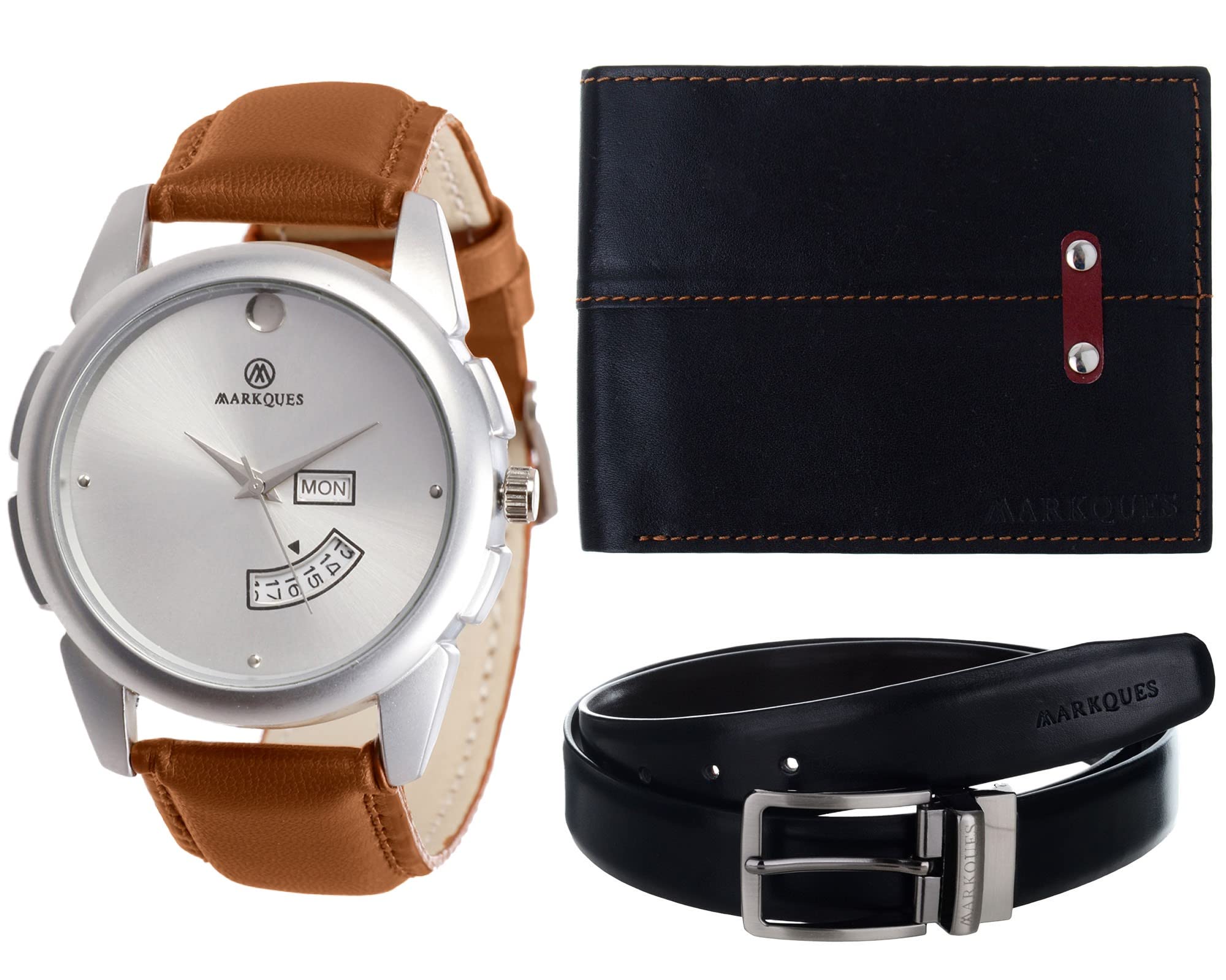 MARKQUESDay and Date Men's Watch, Leather Wallet and Belt 3 in 1 Combo Festival Gift Set for Men and Boys (STV-770904-EXE-01-NL-01)