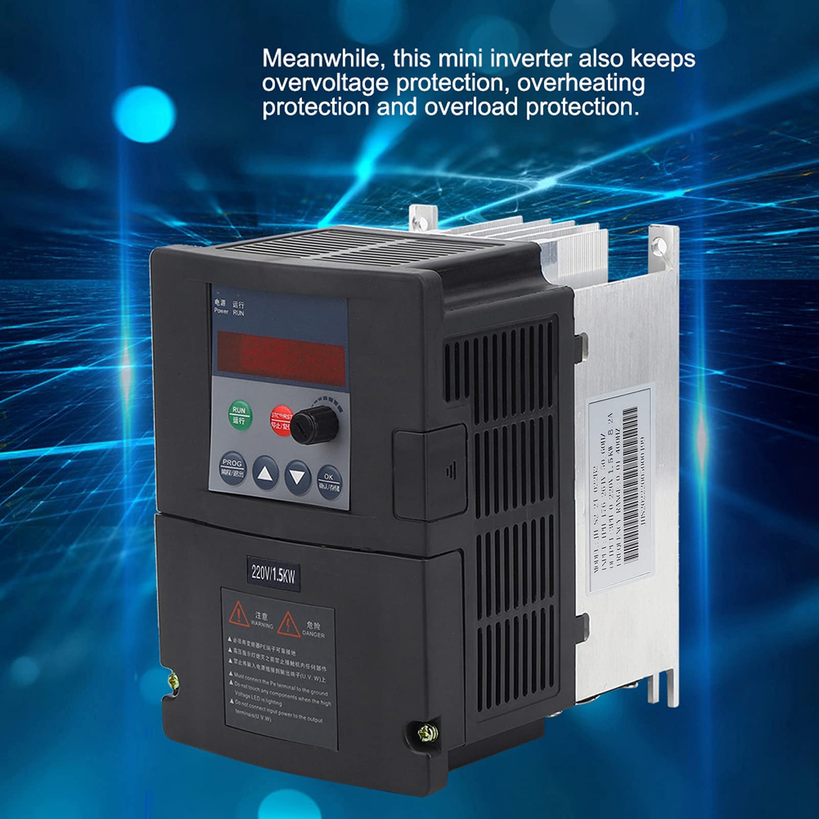 Mini convertisseur de fréquence d'inverseur entrée monophasée Sortie triphasée Coque en Aluminium Noir (1,5KW)
