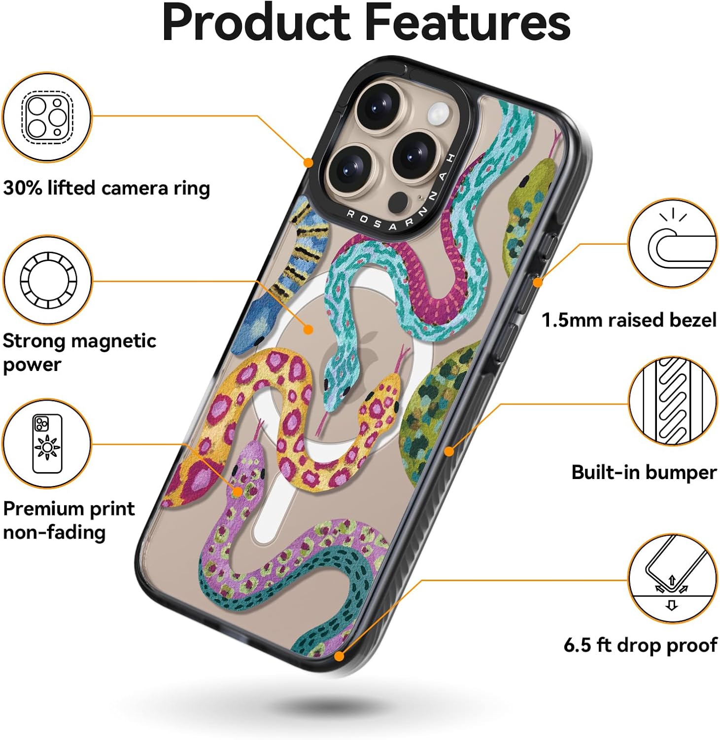Rosarnnah Magnetic for iPhone 16 Pro Magsafe Case Cute - Durable Shockproof 6.6 ft Drop Impact Phone Case - Black Funny Snake Design for iPhone 16 Pro 6.3"