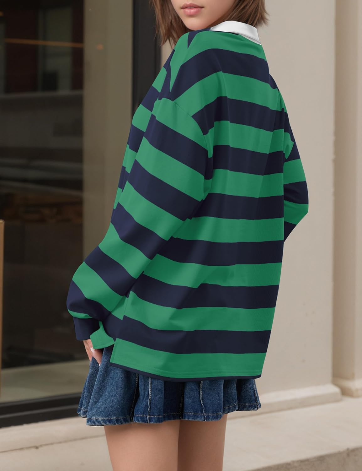 Meladyan Rugby Shirt Women Polo Striped Sweatshirt Oversized Long Sleeve Lapel V Neck Pullover Top Y2K Streetwear Blouses - Image 3