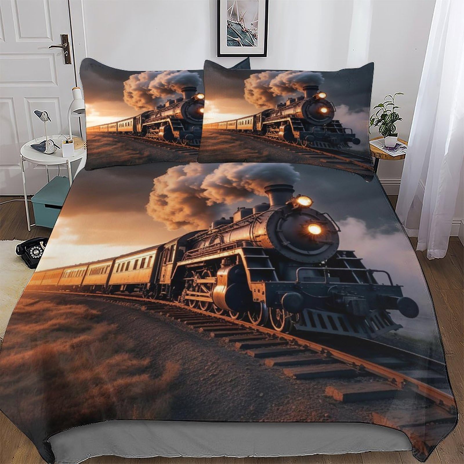 Steam Train Soft Microfiber Duvet Cover with Pillowcases Wrinkle Free Comforter Cover Zipper Closure Cover Polyester Quilt Covers for Adults Teenager Kids Bedding Double (200x200cm)
