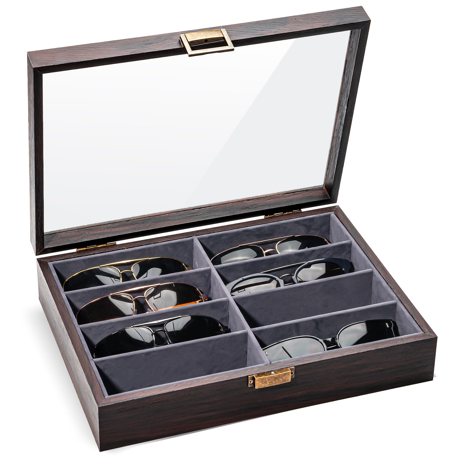 ProCase 8 Slots Wooden Sunglasses Organizer Trays for Men Women, Glass Display Case Multiple Pairs Eyewear Eyeglass Holder Storage Box -Espresso