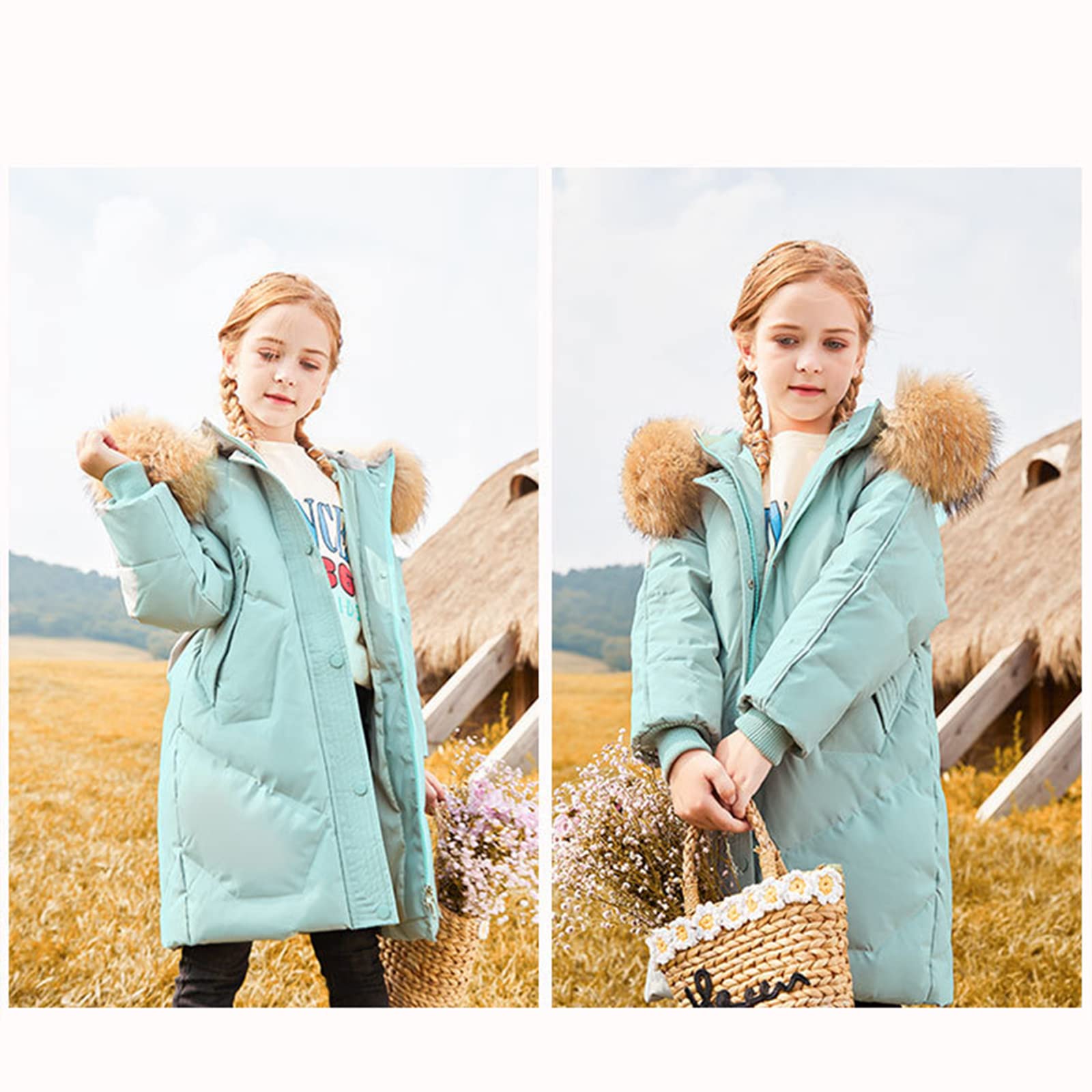 Piumino per Bambini di Media Lunghezza con Collo di Pelliccia per Ragazze Inverno Soffice Piumino D'Anatra Bianco Cappotto Addensato Abbigliamento Caldo Dolce,Black,8T(140CM)