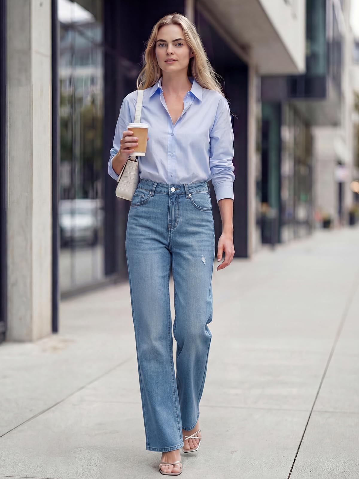 Jean Femme,Taille Haute Wide Leg Fit Jean,Mode Jeans à Jambes Droites, Large Straight Denim Pantalon avec Poches