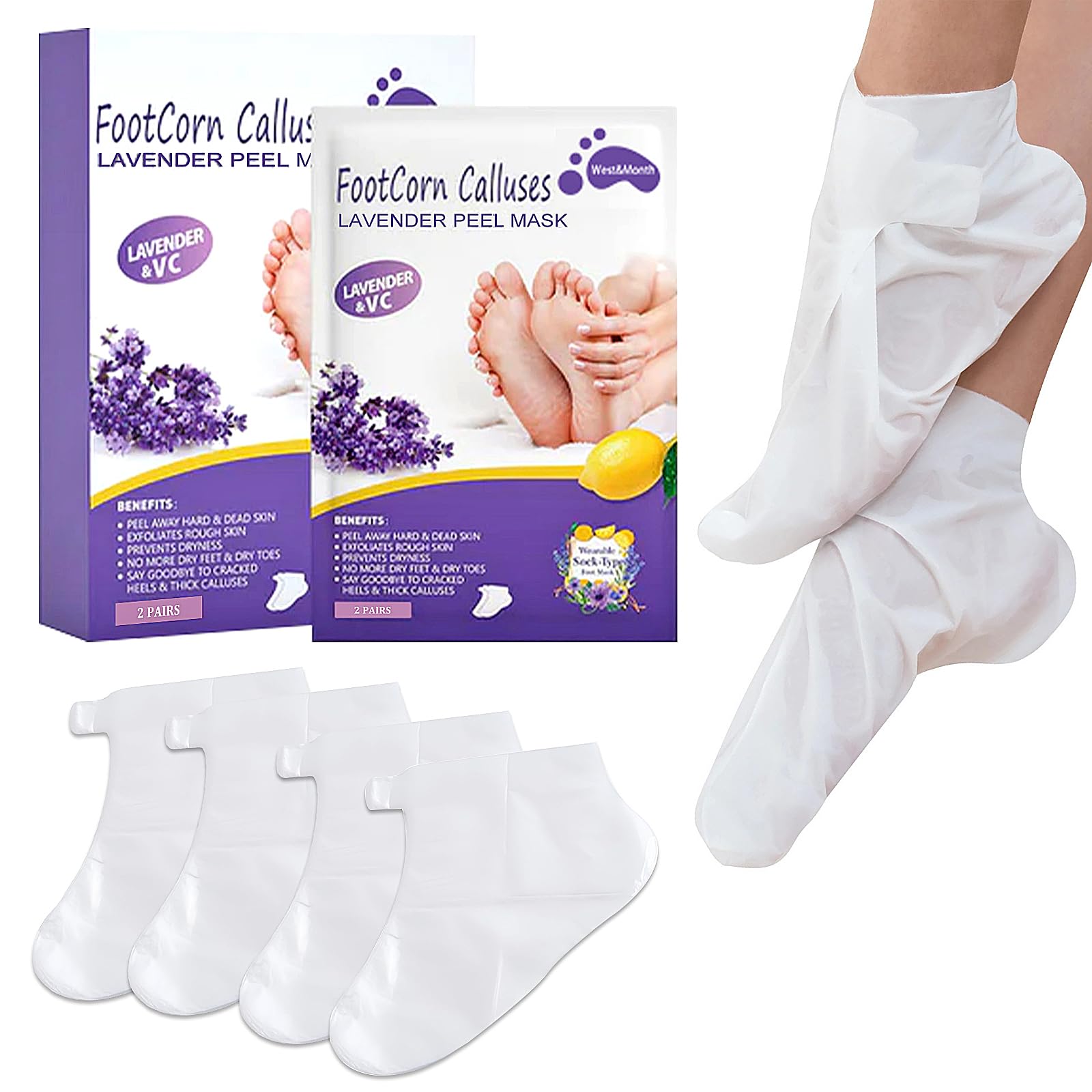 2 Pairs Foot Peel Mask for Hard Skin - Exfoliating Foot Mask Socks - Lavender Moisturiser Feet Peeling mask - Foot Masks Remove Hard Skin, Callus, Cracked Heel, Dead Skin Foot Care