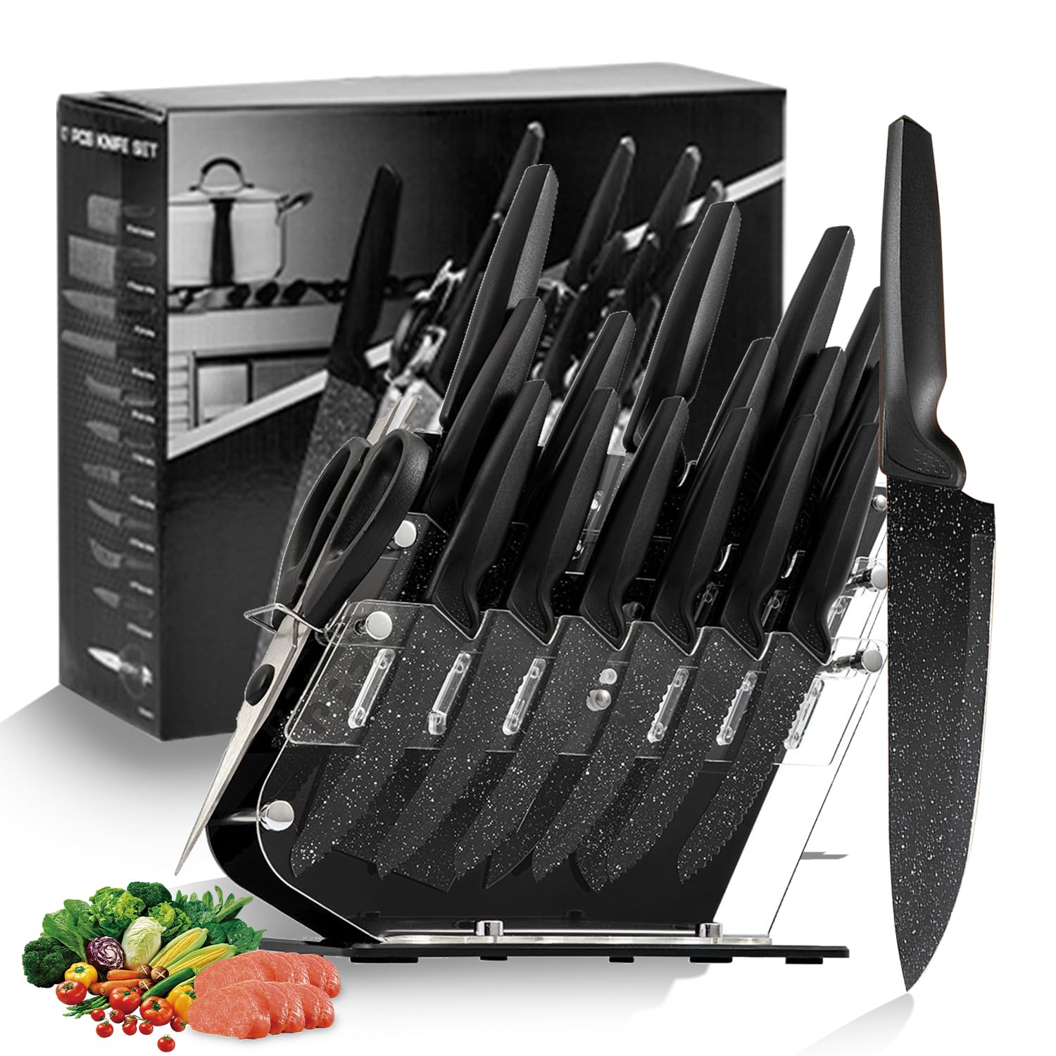 17 Pcs Kitchen Knife Set with Block High Carbon Stainless Steel Block Knife Set Sharp Blade Chef Bread Cleaver Knife,Pizza Cheese Steak Knives,Scissor Sets,Elegant Gift
