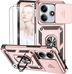 Capa para Redmi Note 14 5G (Não aplicável a 4G) Capinha | com 2 peças de protetor de tela temperado com janela deslizante da câmera e suporte para telefone incluídos - Rosa