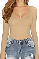 Vista 71 de MANGOPOP Long Short Sleeve Bodysuits for Women Scoop Neck Ribbed Body Suit Stretchy Basic T Shirt Tops