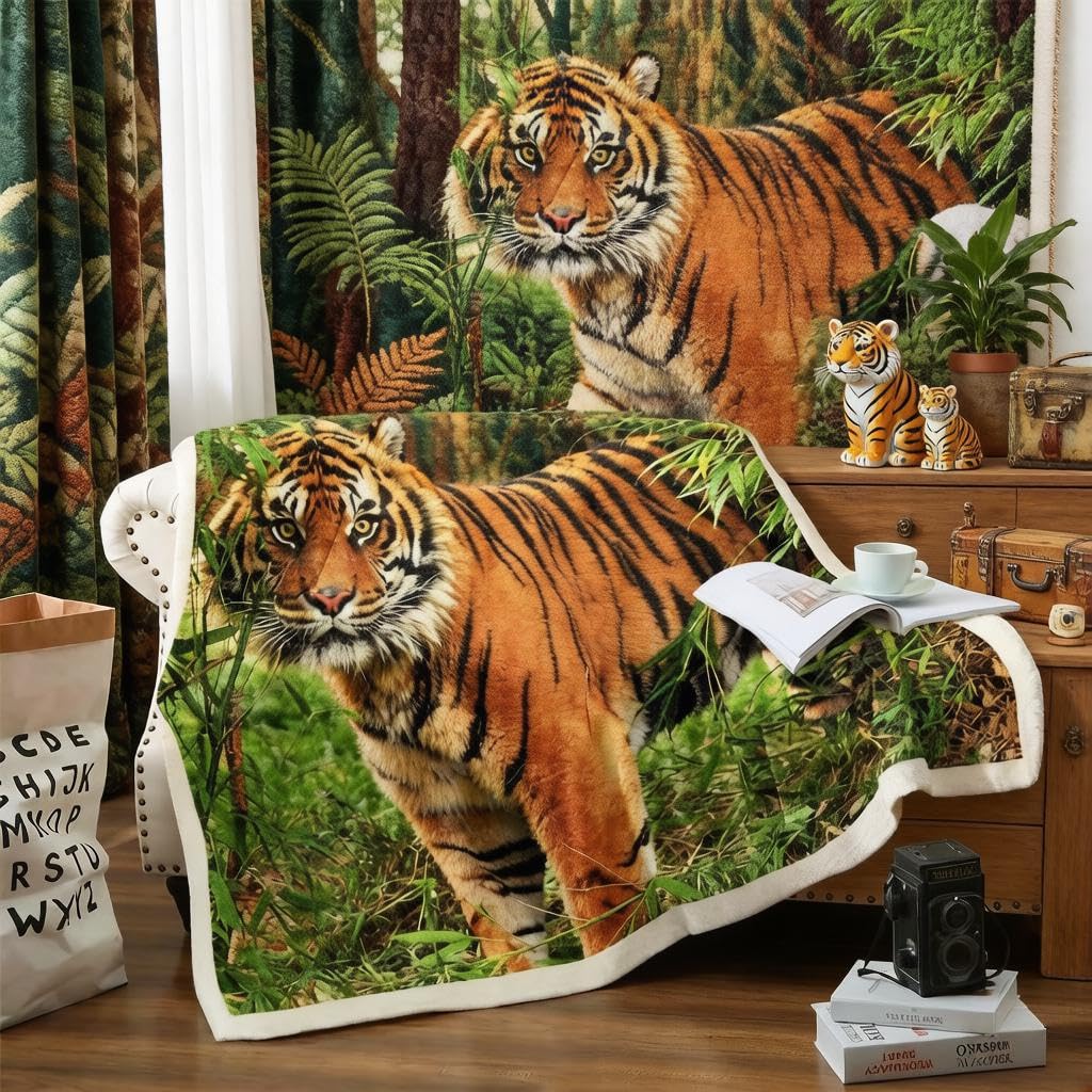 Loussiesd Tiger Sherpa Blanket 3D Wild Animal Fleece Blanket for Chair Sofa Couch Wildlife Style Stain Resistant Safari Cat Print Room Decor King 87"*94" — image 1