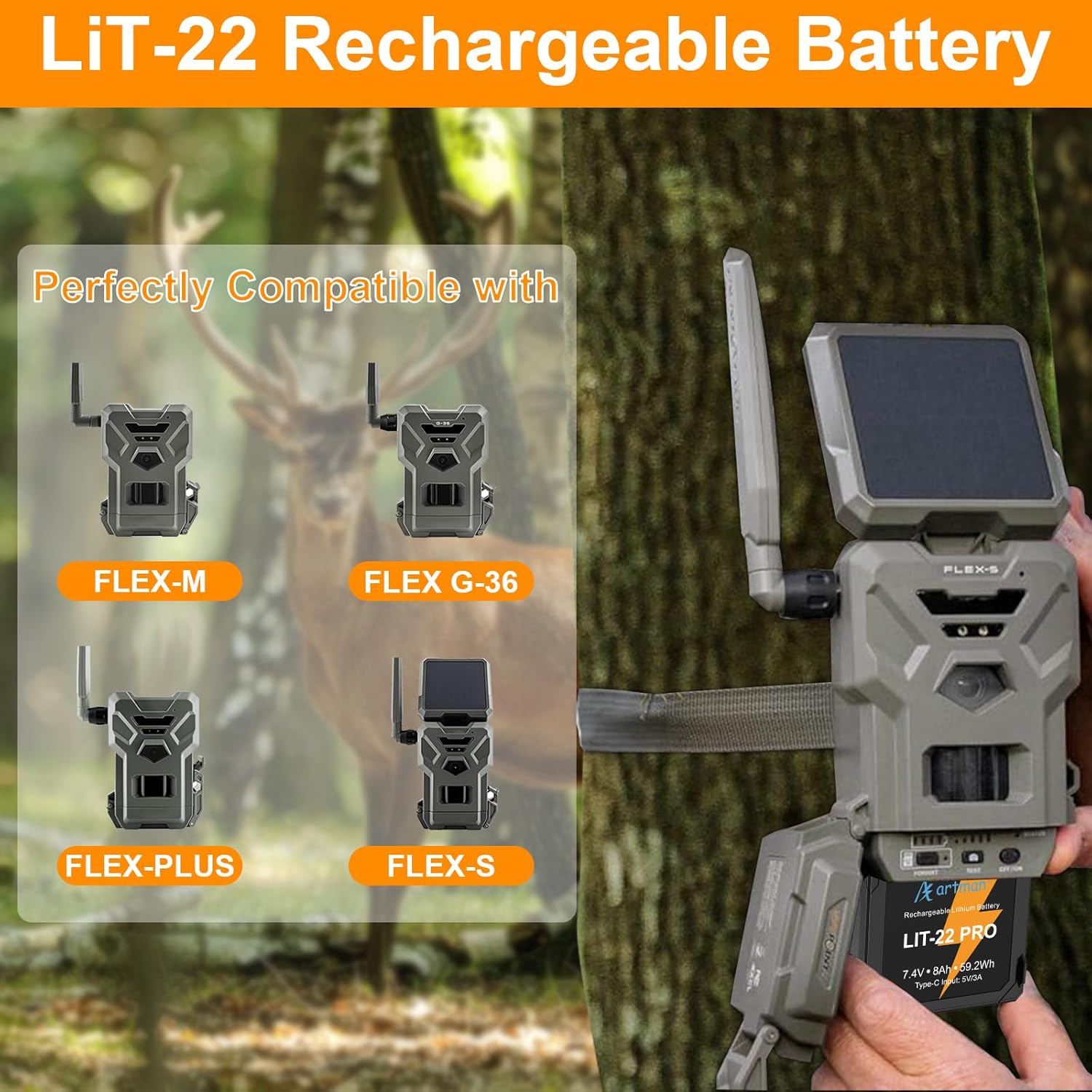 Artman Replacement Battery 8000mAh for SPYPOINT Trail Camera - 2 Pack Rechargeable Lithium Batteries, Type-C Fast Charging, Weather Resistant