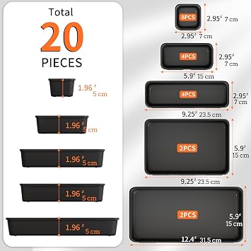 20 Pack (5 Sizes) Tool Box Organiser Trays, Plastic Tool Storage Drawer Organiser Dividers, Tool Chest Cabinet Trolley Cart Compartment Box for Small Parts, Diy, Toolbox