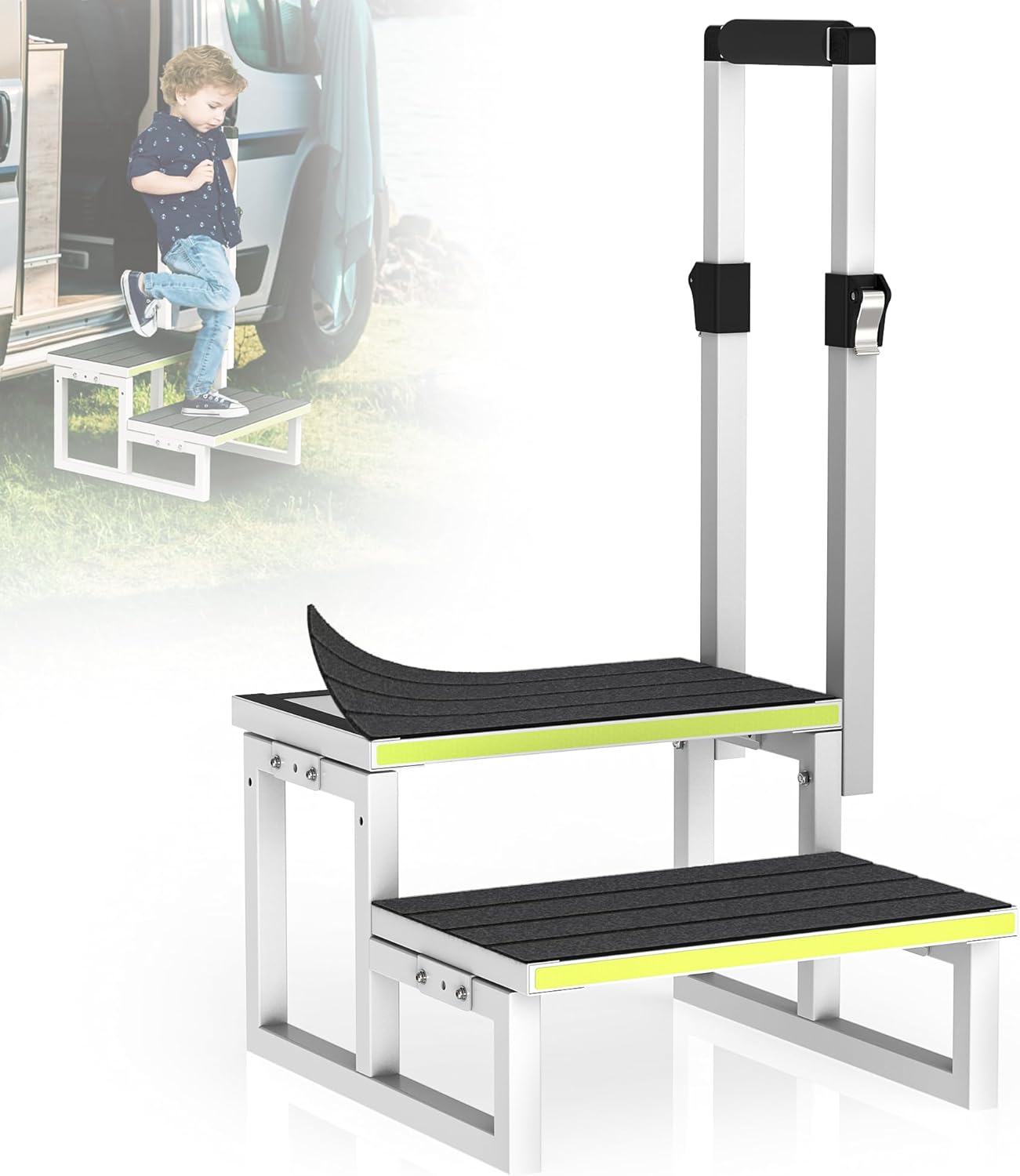 RV Steps with Handrail Adjustable for Both Sides, 2 Step Stool with Handle for Elderly with Wide Platform & Anti-Slip Mats, Portable Stairs for Hot Tub/Camper/SPA Pool/Pet Stairs