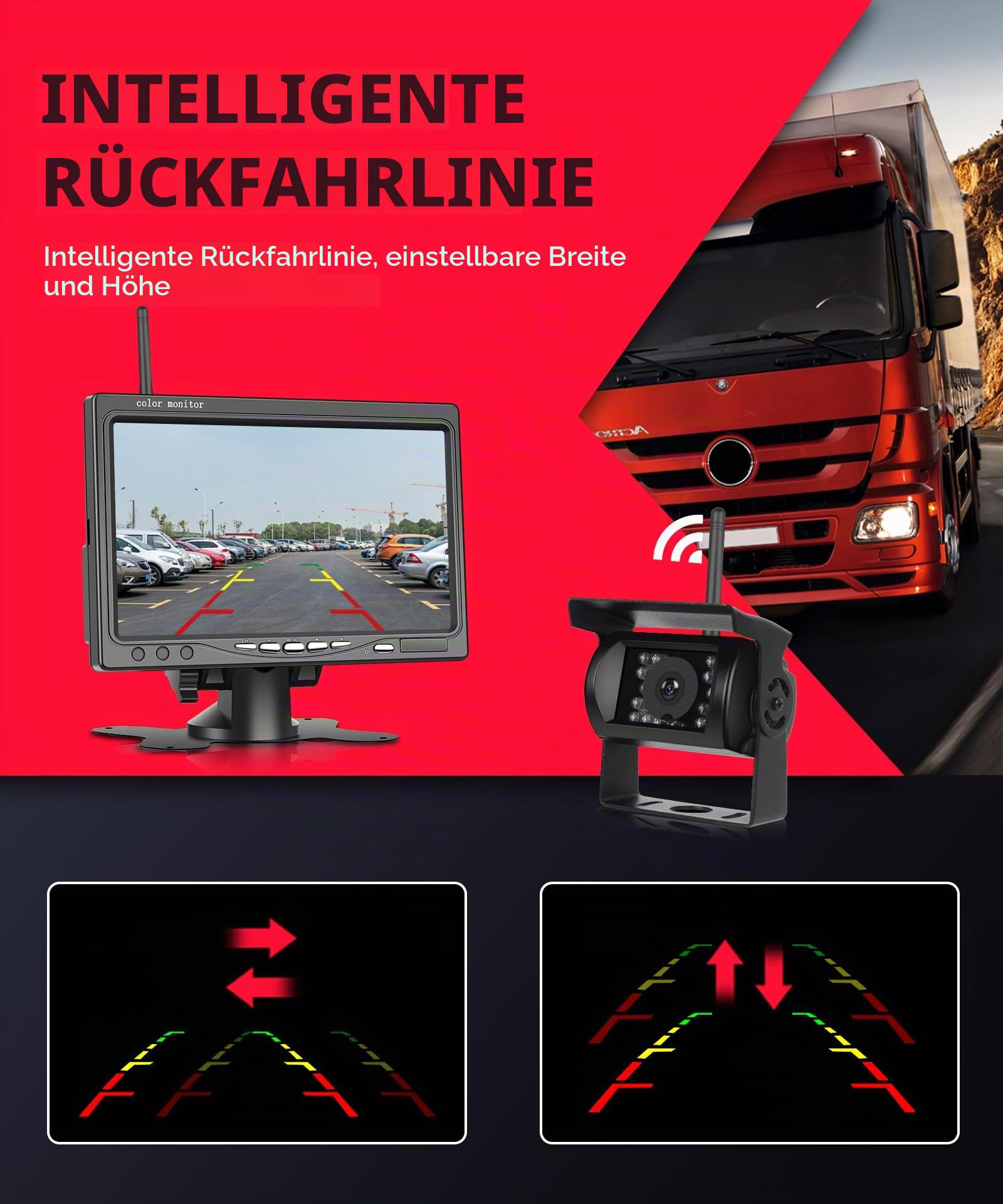 Rimoody Kabellos Rückfahrkamera Set mit 7 Zoll Monitor, 1080P Funk Rückfahrkamera IP68 Wasserdicht, Nachtsicht, BSD, Image Flip, Rückwärtshilfe für LKW/Bus/Van/Wohnmobile/Anhänger/Landfahrzeug 12V-36V
