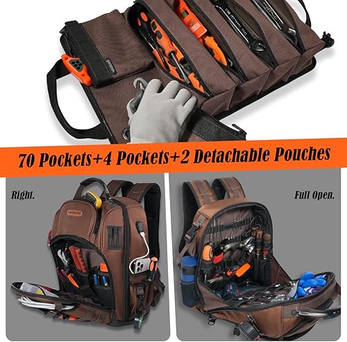 Miniatura 3 de WELKINLAND Mochila de herramientas HVAC de 70 bolsillos con rollo de herramientas, mochila eléctrica de 4 piezas con bolsas de rollo de