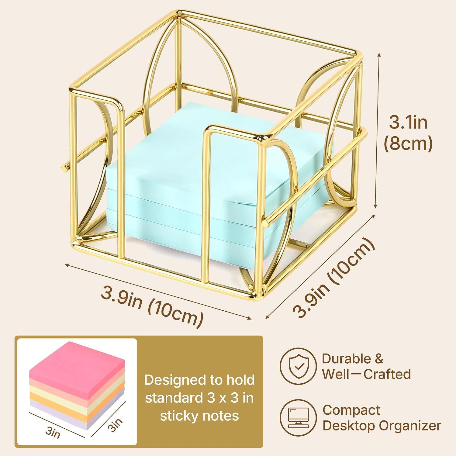 Gold Wire Sticky Note Holder, Decorative Desk Dispenser for 3x3 Pad image 2