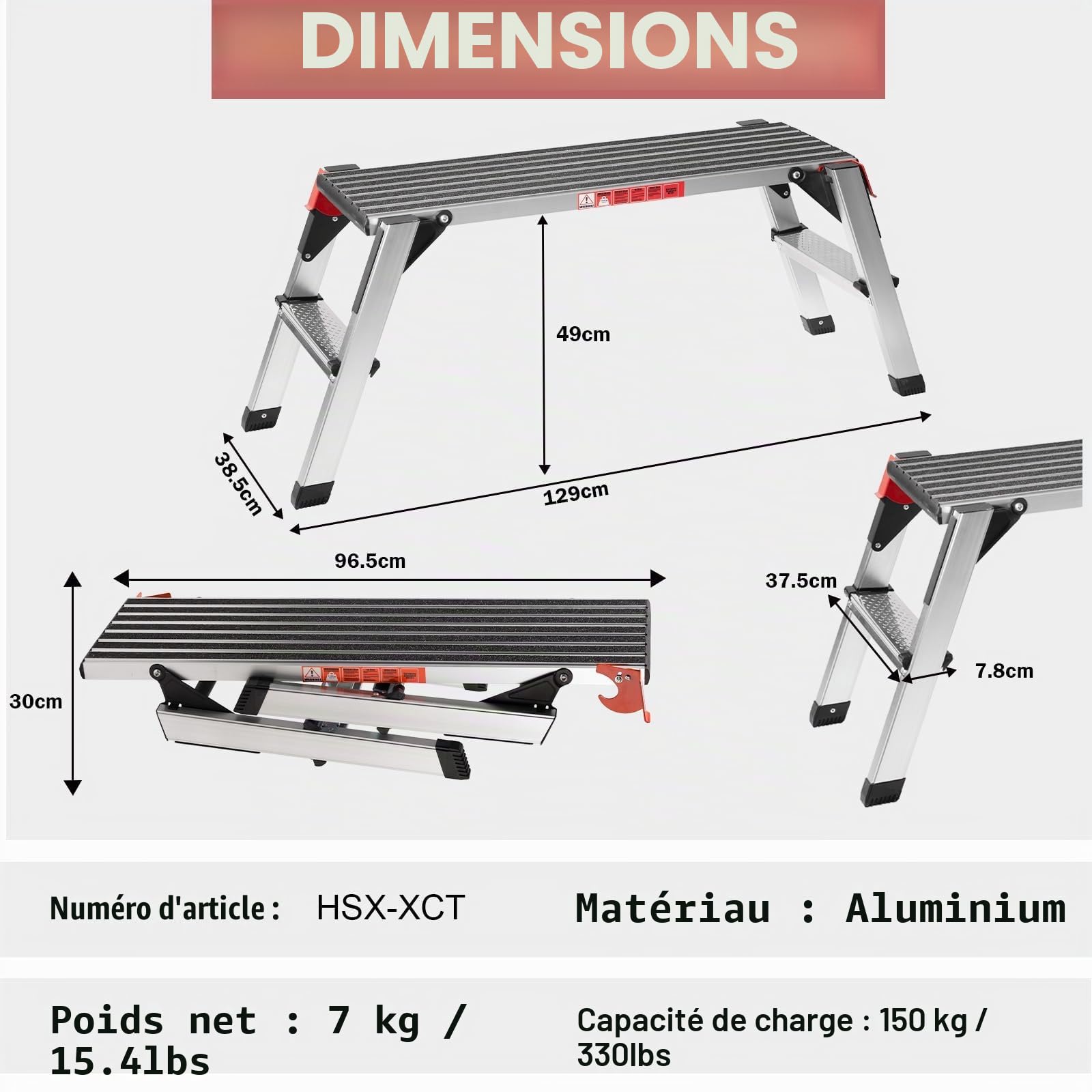 XinSunho Plateforme de Travail Aluminium, Plate-Forme de Travail avec Grande Surface Antidérapante, Verrous de Sécurité, Compact et Léger, Escabeau pour Maison, Bureau et Garage, Capacité 150KG