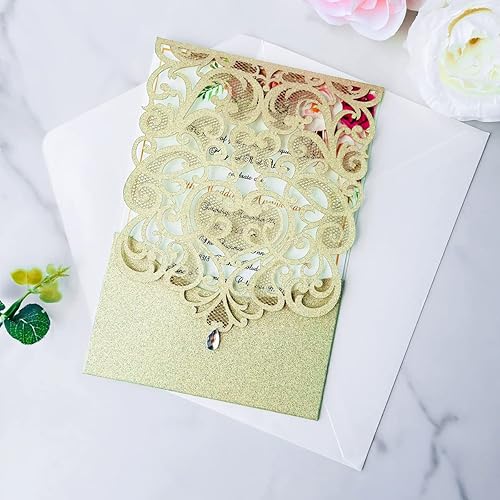 Miniatura 4 de Hosmsua Kit de 50 invitaciones de boda de oro champán de 5 x 7.3 pulgadas, bolsillo hueco con diamantes de imitación rosa con sobre para boda,