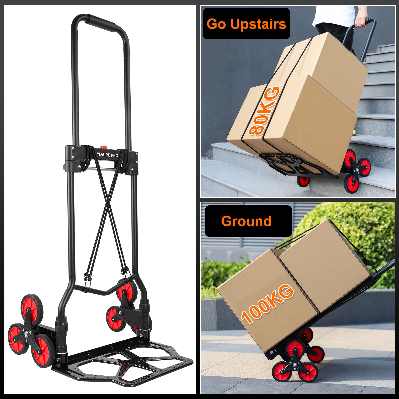 Carretilla Plegable con Ruedas de aleación de Acero, 100 kg, 110 cm, con Cuerda elástica y Cuerda elástica
