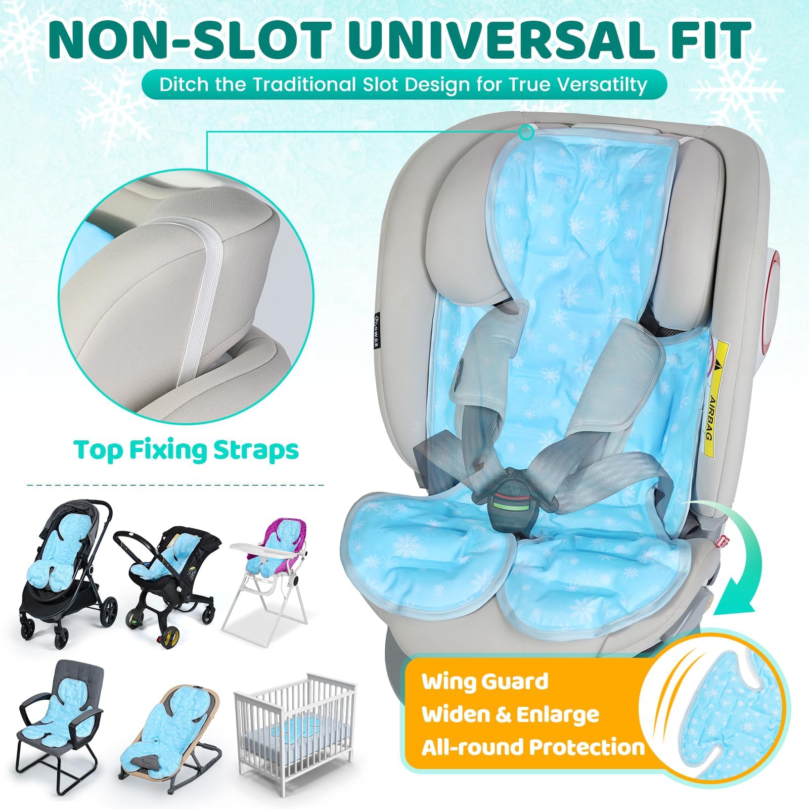 Orzbow Cuscino Passeggino Estivo,Reversibile Gel Materassino Passeggino Universale, Copri Raffreddamento Seggiolino Auto Universale per Seggiolini Auto, Seggioloni e Carrozzine, Fiocchi di Neve