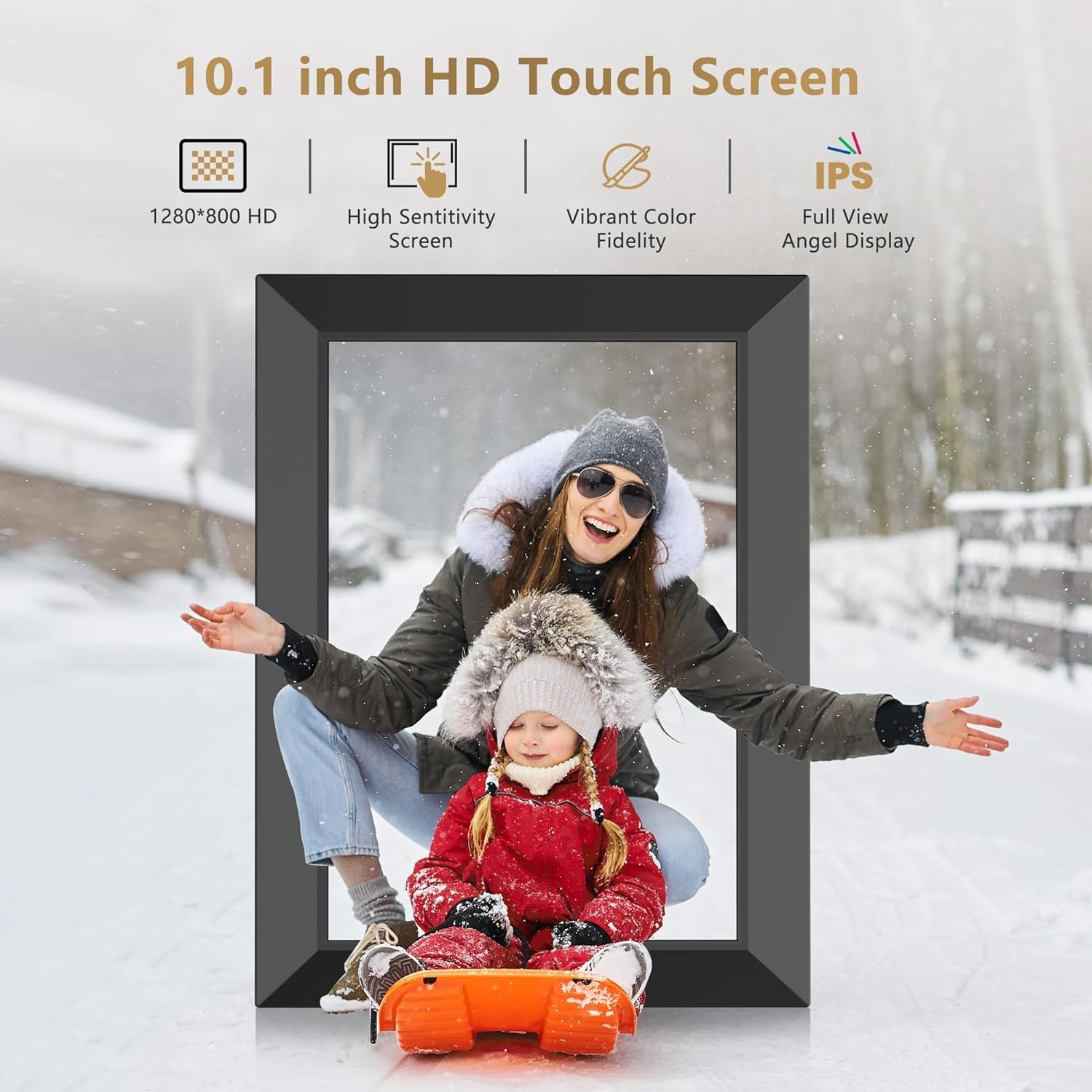 Frameo Marco Fotos Digital WiFi- Pantalla Táctil HD IPS 1280 x 800 10,1 Pulgadas, Memoria 32 GB, Rotación Automática, Montaje Pared, Compartir Fotos y Vídeos Instante, Me-j-or Opción para R-e-g-a-l-o