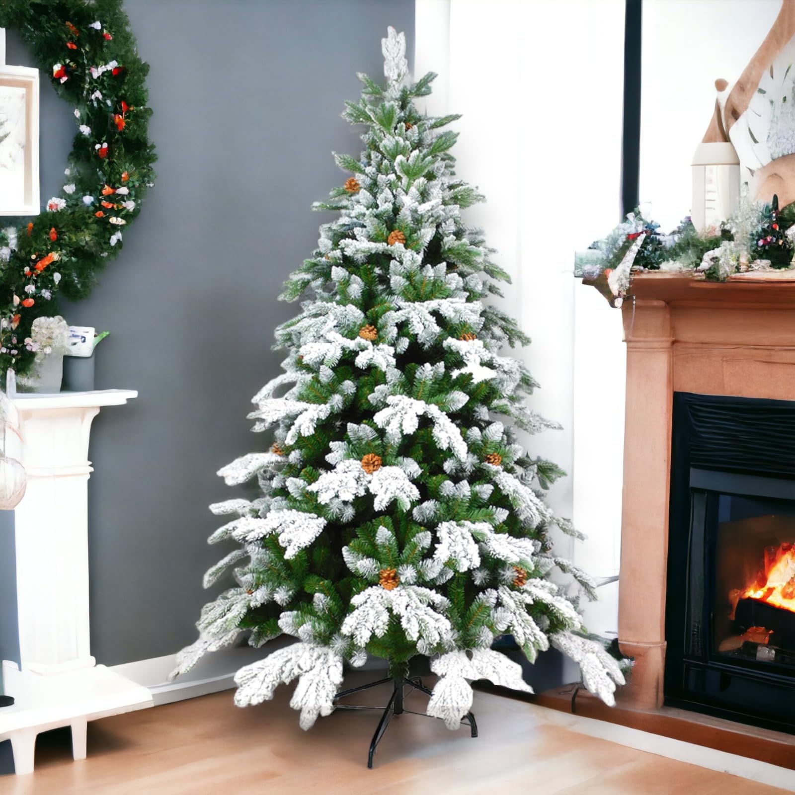 Aurora Store Albero di Natale Artificiale Verde Innevato con Pigne, Modello Val di Susa Altezza 120 Cm e 200 Rami, Abete Super Folto con Effetto Realistico e Rami con Aghi Anticaduta (150 cm)