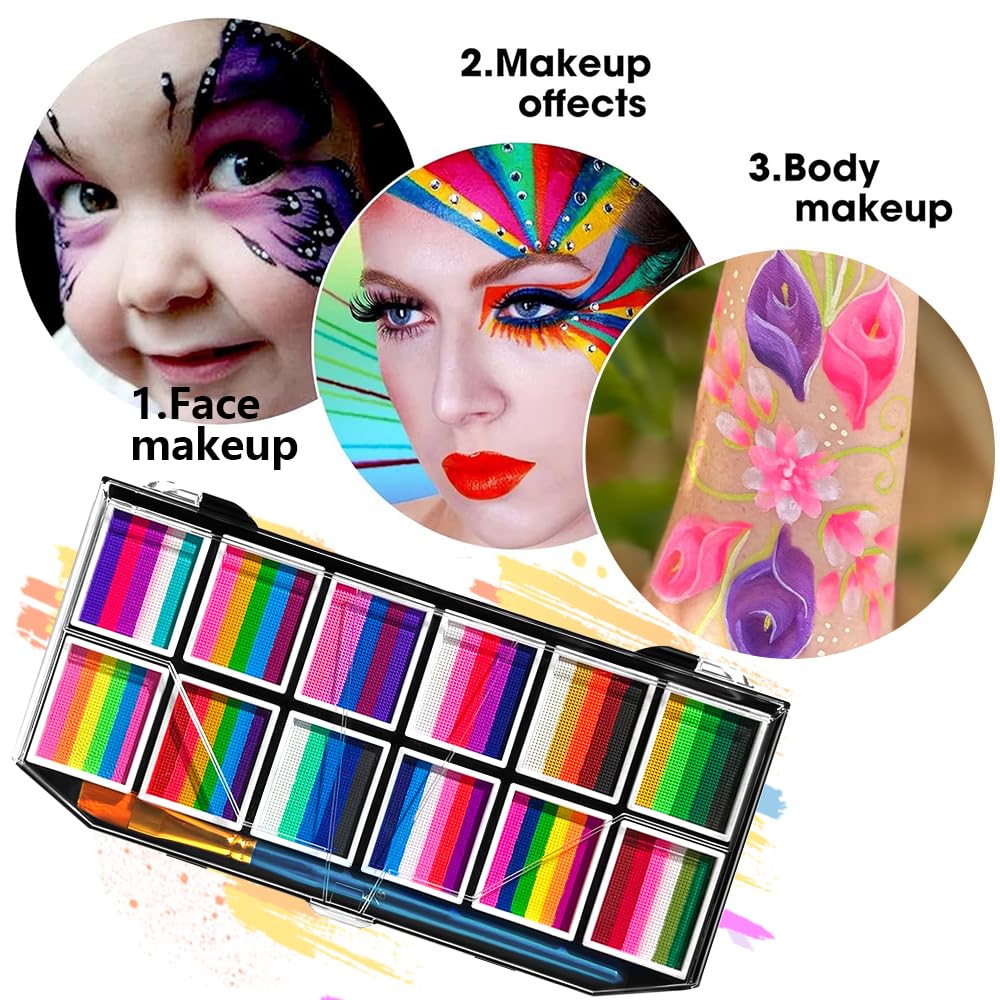 12 Colors Face Body Paint Palette,Split Cake Face Paint Palette FX Makeup, Water Activated Non Toxic Rainbow Body Painting with Brush for Halloween Makeup,Festivals & Events