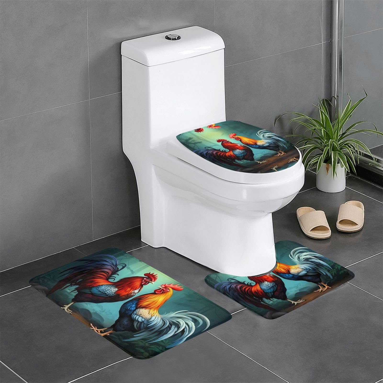 Tapis de salle de bain déco campagne lot de 3 motif coq pour une ambiance cosy