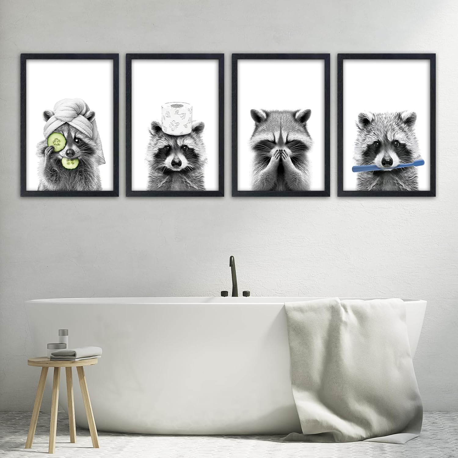 SRSZHIYUE Funny Raccoon Bathroom Wall Decor 16"x11" Set of 4 Bathroom Laundry Room Art Humorous Restroom Toile Animal Prints Sign Above the Bathtub Wall Hanging Art Decoration（Black）