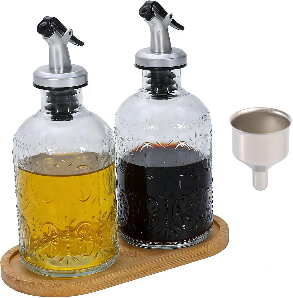 Olive Oil Dispenser Bottle Set, 2 Pack Glass Oil and Vinegar Dispenser with Wooden Tray and Funnel, Leakproof Pour Spout Condiment Cruet for Kitchen Cooking, Home Bar & Restaurant