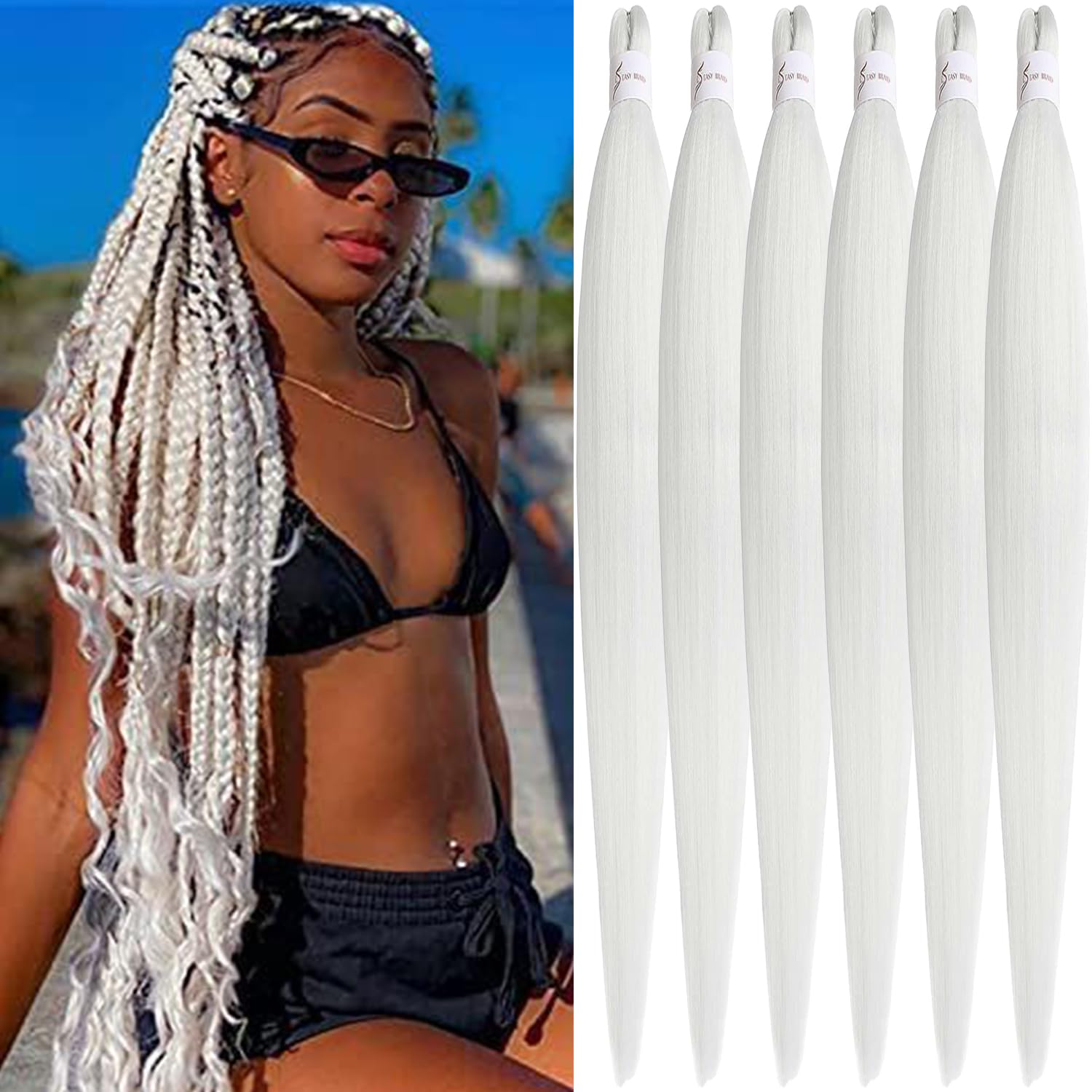 Xusuperb Extensiones de pelo sintético Kanekalon blanco de 30 pulgadas de largo, trenzas blancas para trenzar, color blanco, paquete de 6 paquetes de extensiones de cabello trenzado preestirado,