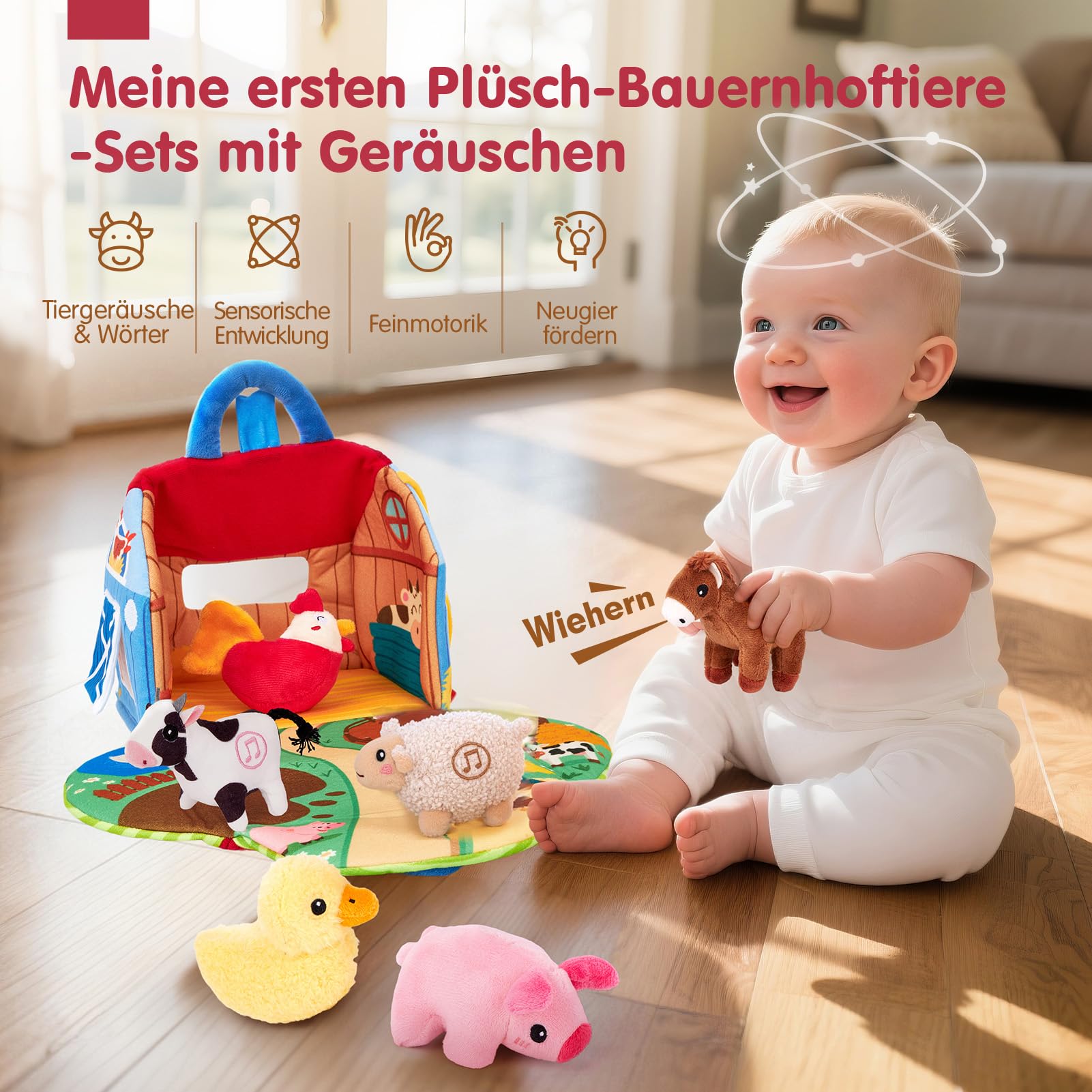 hahaland Bauernhof Baby Spielzeug 6 Monate mit 2-in-1 Scheunen & Spielmatten,6 Sensorik Plüschtiere mit Tiergeräuschen & Spricht Englische Tiernamen,Montessori Spielzeug Baby Geschenk ab 6-12 Monate