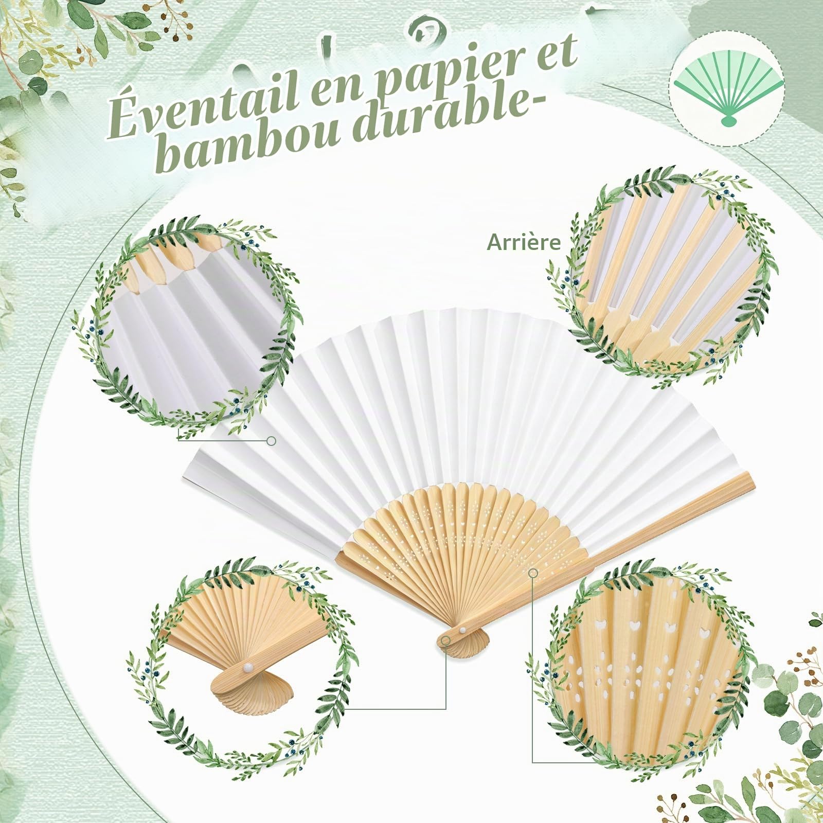 BBTO 50 Pcs Eventail Mariage Poche Pliante Pliant en Bois Papier Ventilateur Mit Étiquettes et Rubans pour Cadeaux Mariage, DIY, Demoiselles, Fête, Danse et Décoration