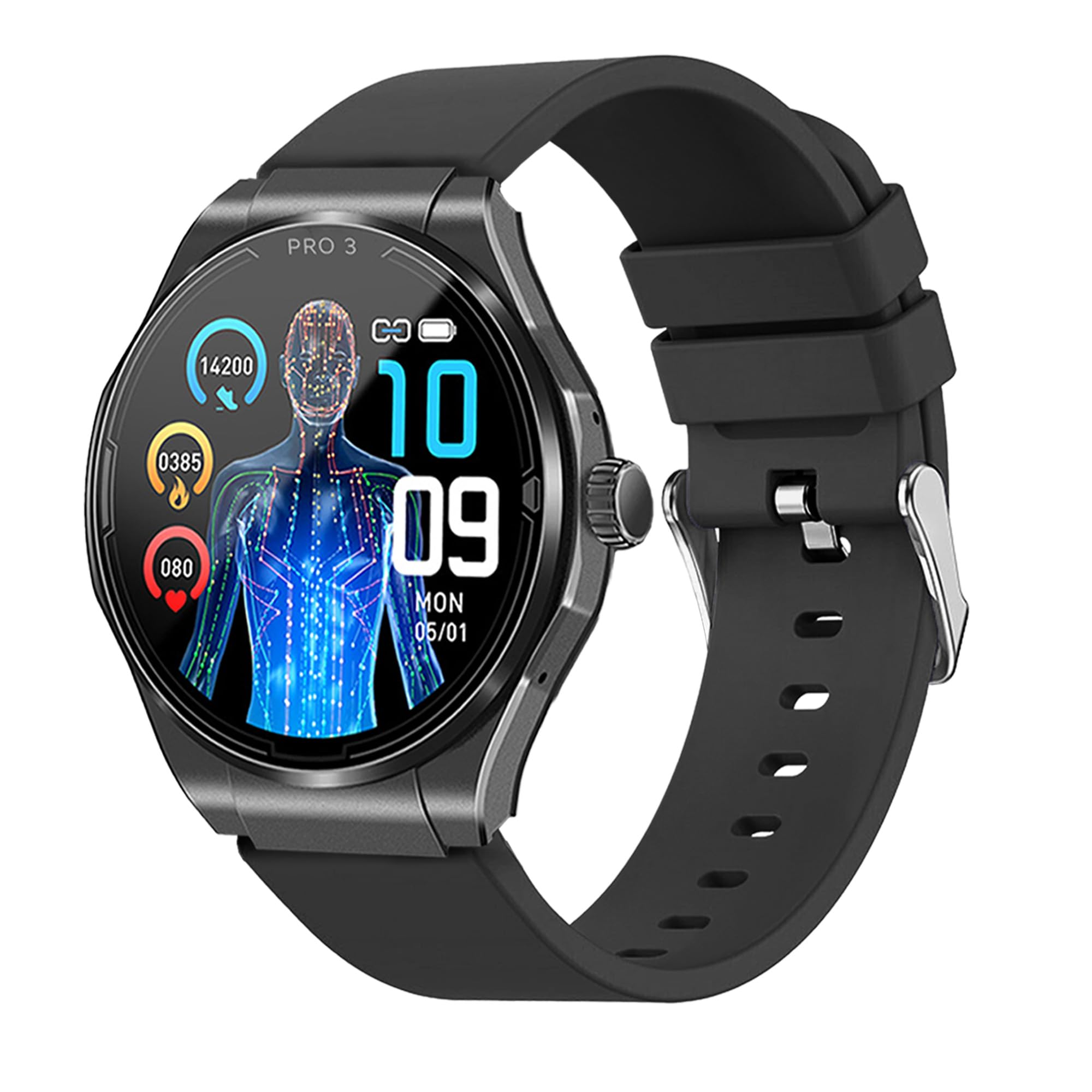 Knauermann PRO 3 (2024) czarny – zegarek zdrowotny smartwatch z funkcją telefonii – EKG + funkcja HRV i SOS, wyświetlacz AMOLED, Bluetooth, bezdech senny, edycja 1, 14-24, okrągły