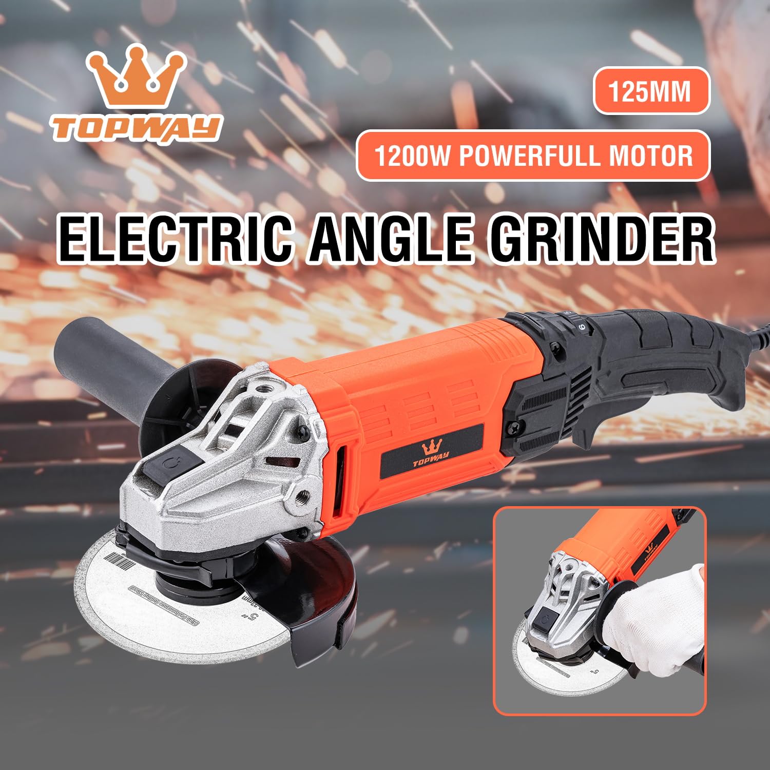Smerigliatrice angolare con filo TOPWAY 115 mm / 125 mm 1200W, 6 velocità variabili, per fai da te e lavori leggeri, muratura, calcestruzzo, piastrelle, metallo e acciaio (Gamma economica)