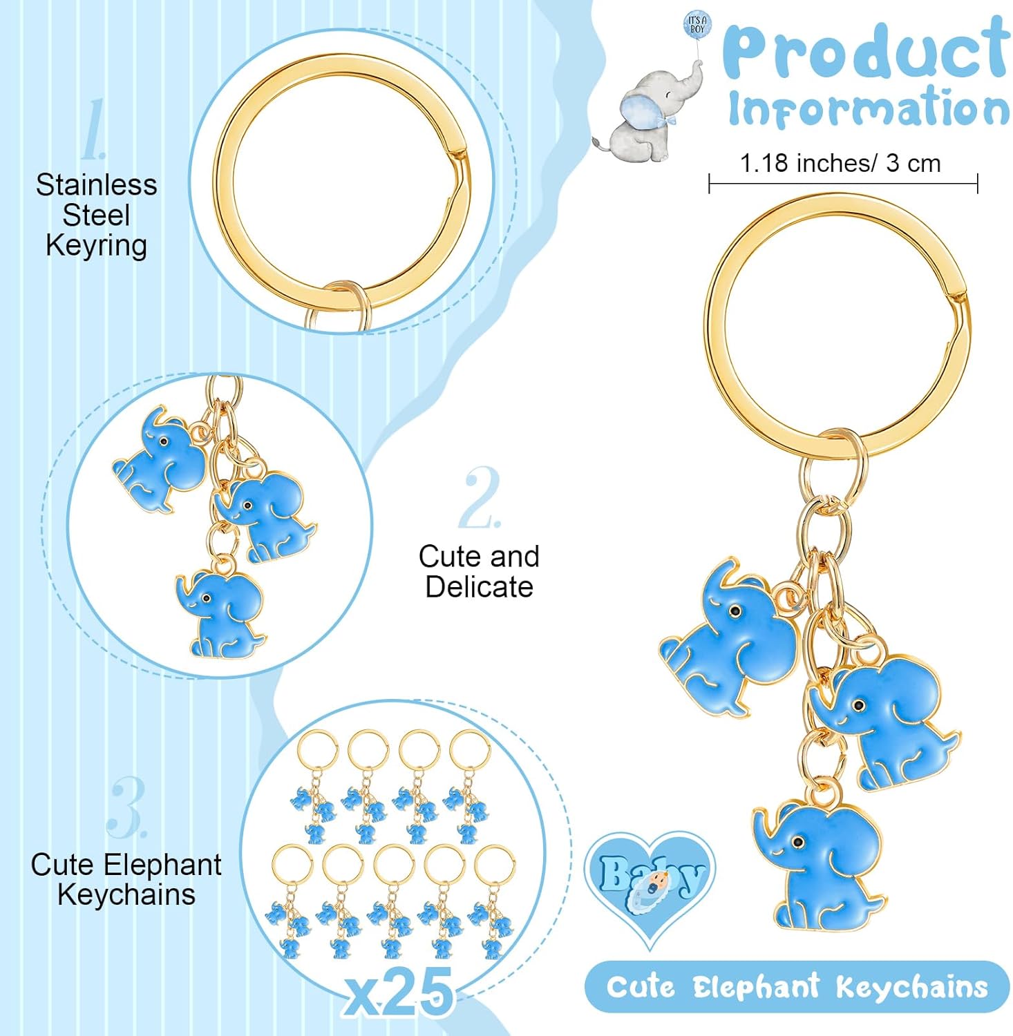25 Set Baby Shower Favors for Guests Elephant Keychain Decoration with Thank You Card for Girl Boy Gender Reveal Gift(Blue) - Image 2