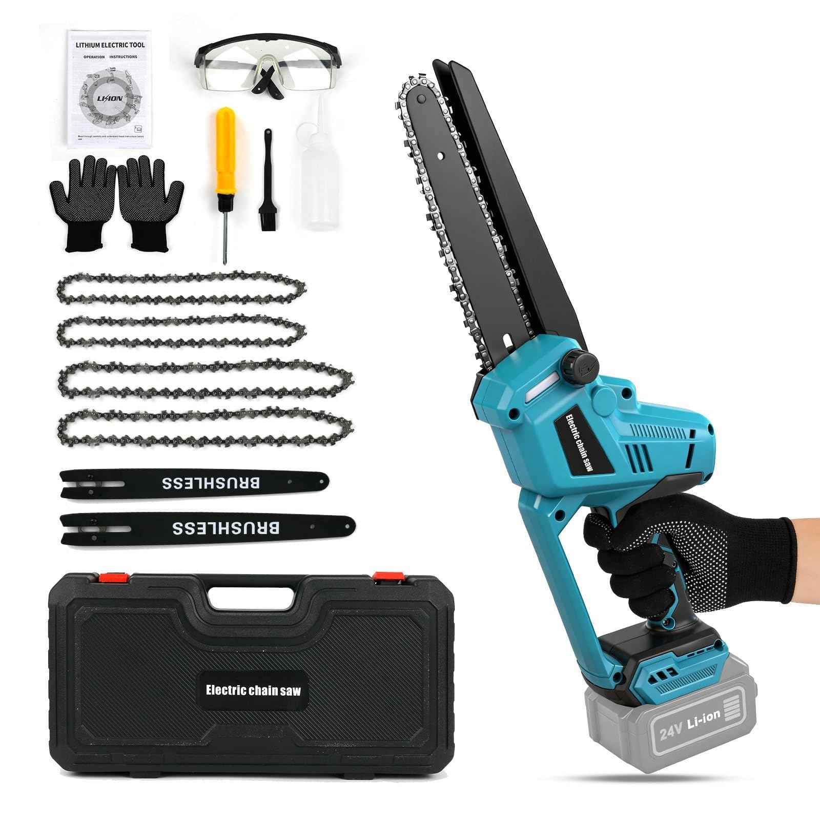 Motosierra Inalámbrica 8 y 10 Pulgadas para Makita 18V (sin Batería) | Mini Motosierra sin Escobillas, Lubricación Automática de Cadena, 2 Placas, 4 Cadenas, Guantes, Gafas y Maletín