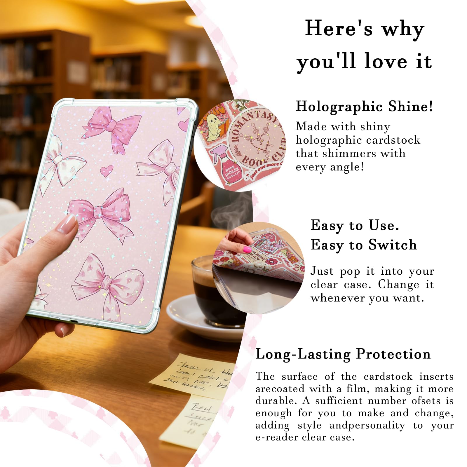 Simpatico set di 6 biglietti con inserti per Kindle, design a tema libro con ciondoli per Kindle e tappi antipolvere USB-C, per 11a/12a generazione, 17,3 x 12,2 cm (rosa)